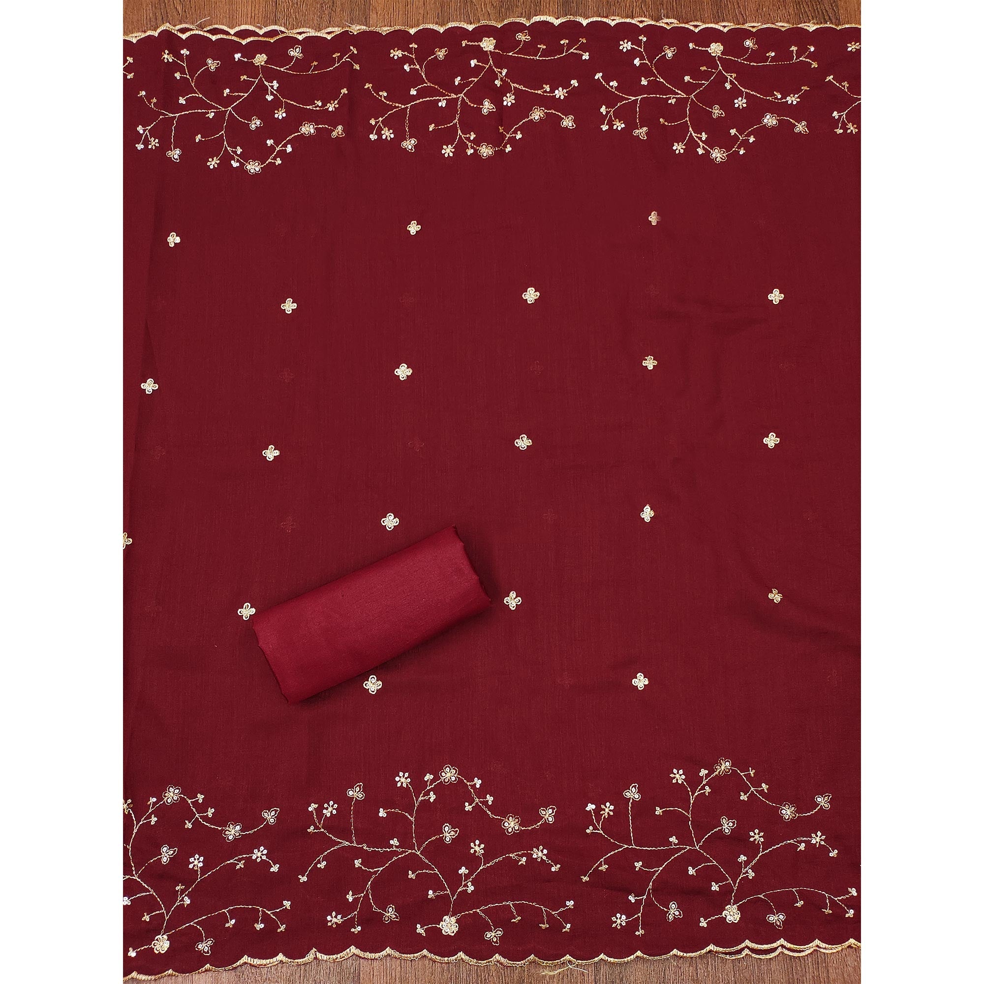 Maroon Floral Embroidered Vichitra Silk Dress Material