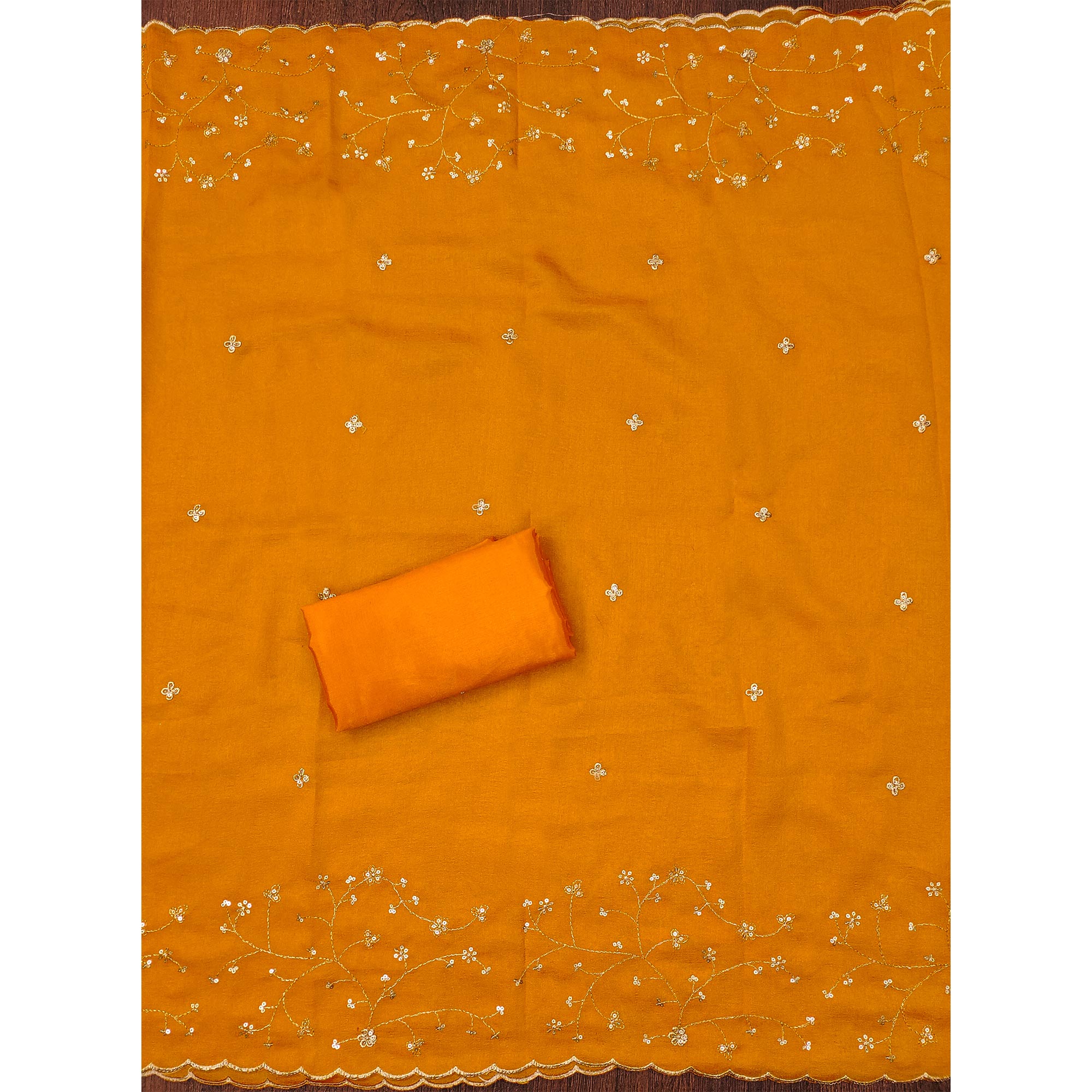 Mustard Floral Embroidered Vichitra Silk Dress Material