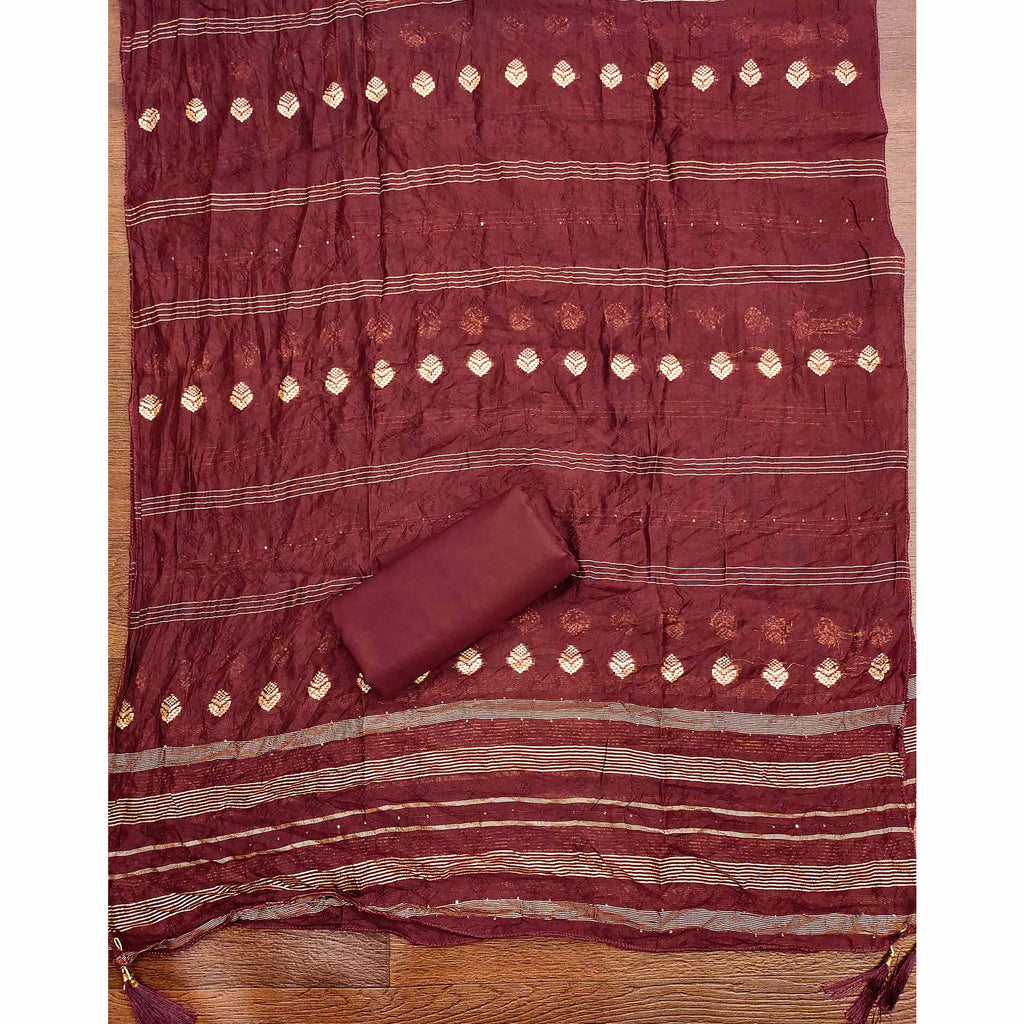 Maroon Cotton Blend Dress Material Adorned With Swarovski Accents and Floral Threadwork