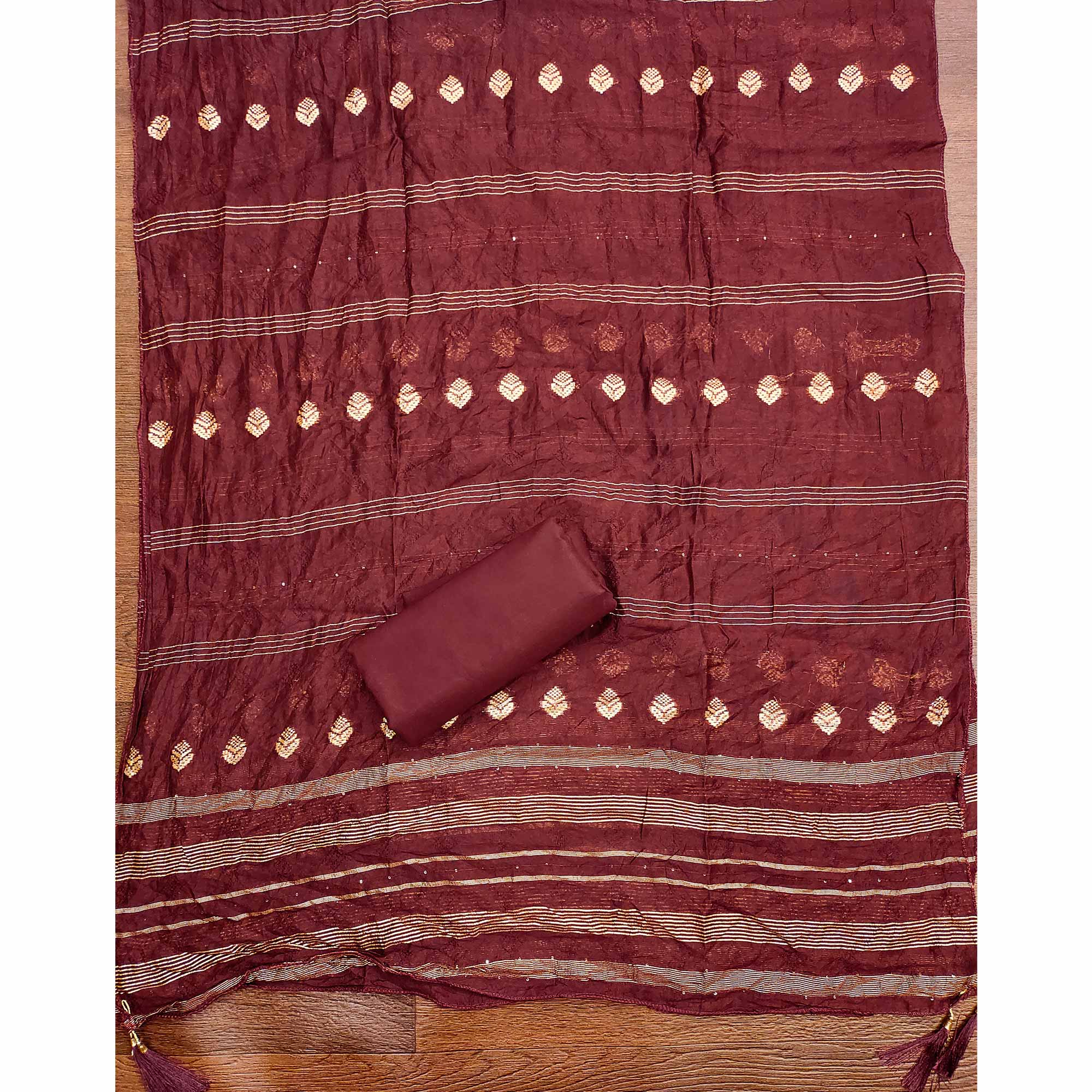 Maroon Cotton Blend Dress Material Adorned With Swarovski Accents and Floral Threadwork