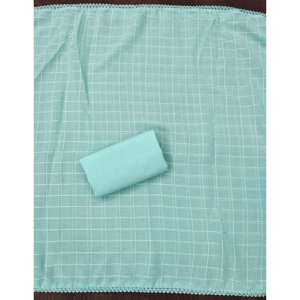 Blue Schiffli Embroidered Cotton Blend Dress Material With Floral Digital Print