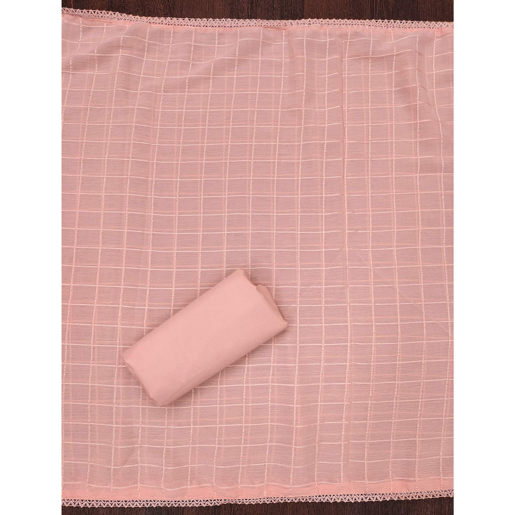 Peach Schiffli Embroidered Cotton Blend Dress Material With Floral Digital Print