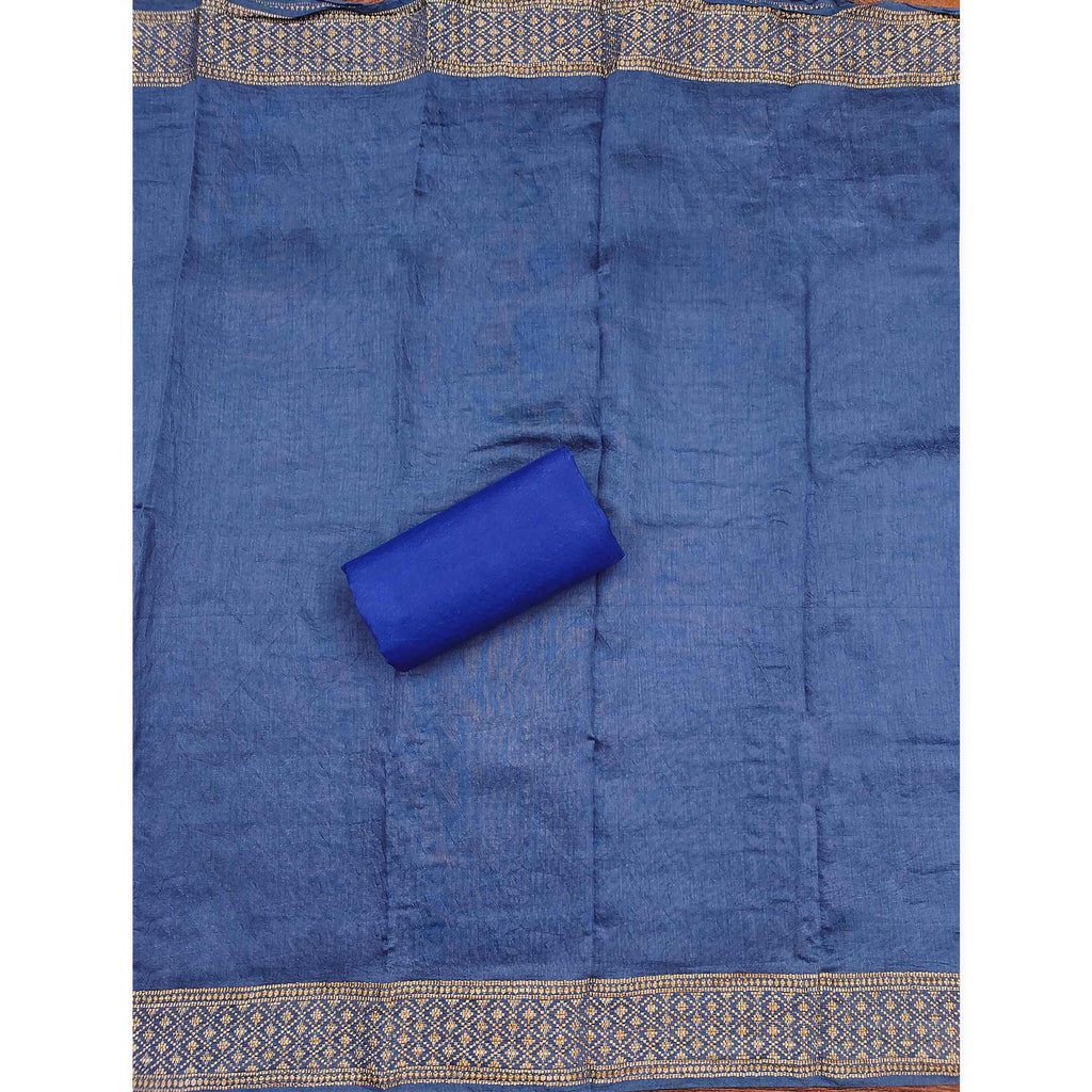 Blue Digital Printed Cotton Blend Dress Material With Intricate Neck Embroidery