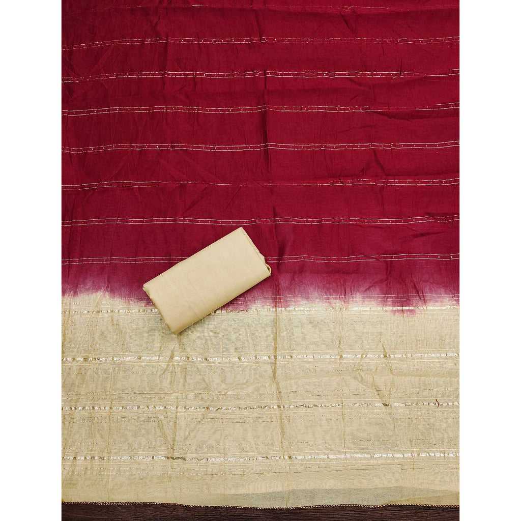 Maroon Floral Sequins Embroidered Slub Cotton Dress Material