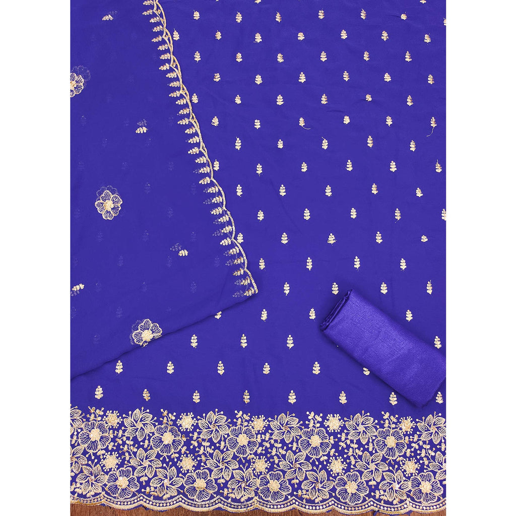 Majorelle Blue Floral Sequins Embroidered Georgette Dress Material