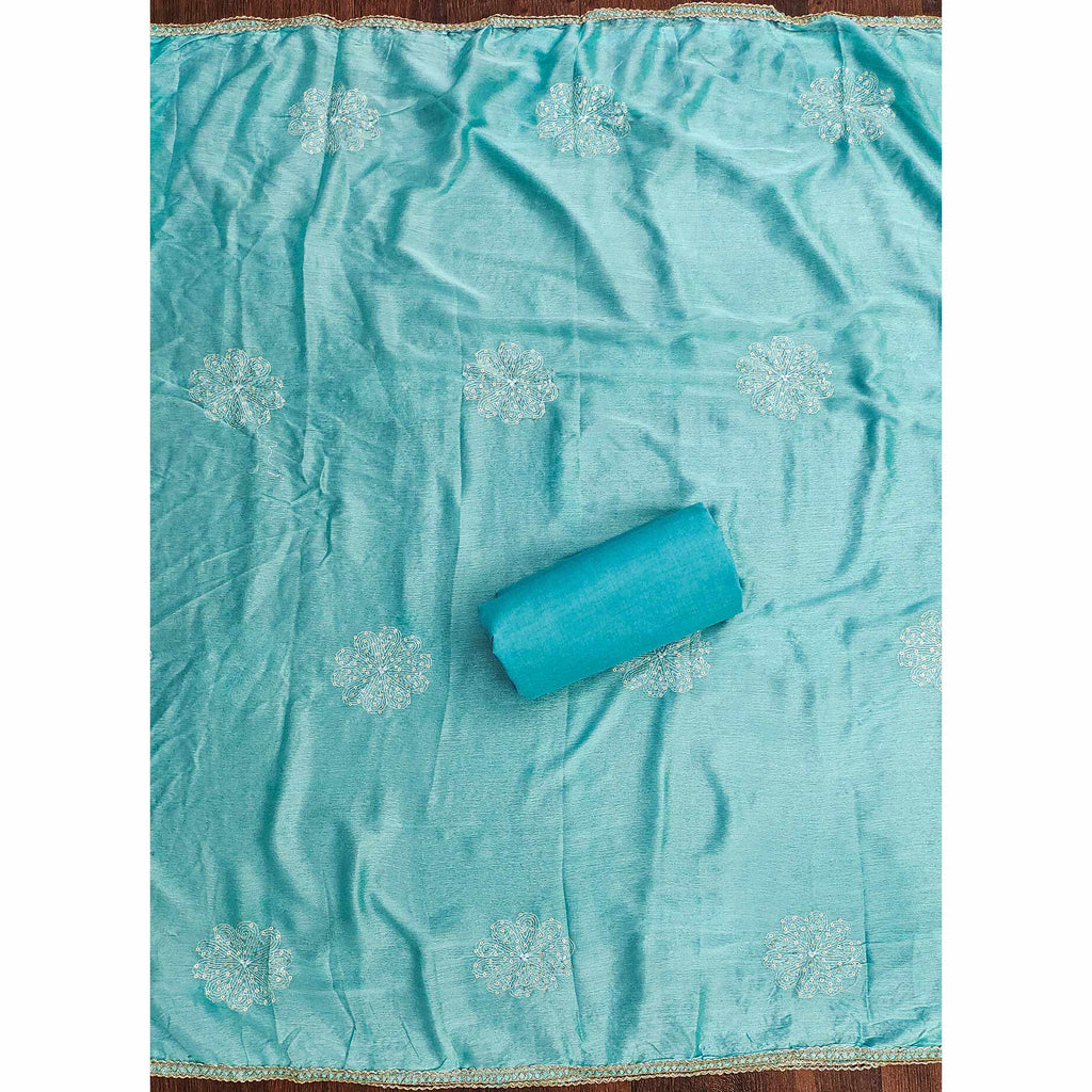 Breathable Pure Cotton Dress Material in Turquoise with Floral Designs