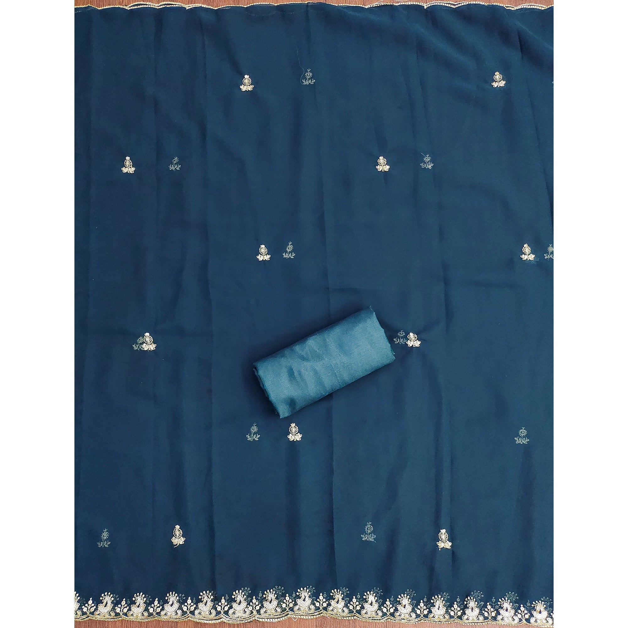 Dark Teal Georgette Dress Material with Sparkling Sequin Embroidery