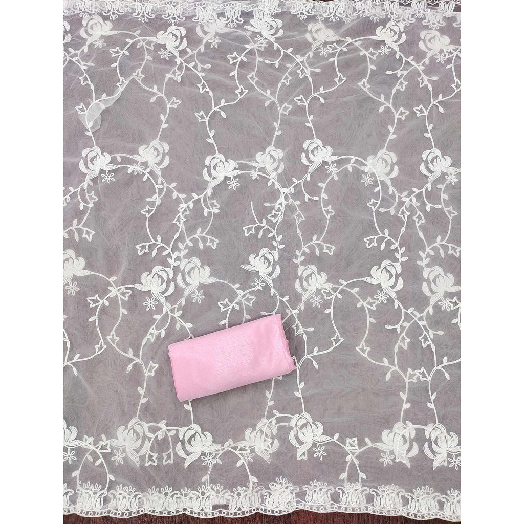 Pink Unstitched Dress Material Featuring Fine Floral Embroidery on Chanderi Silk