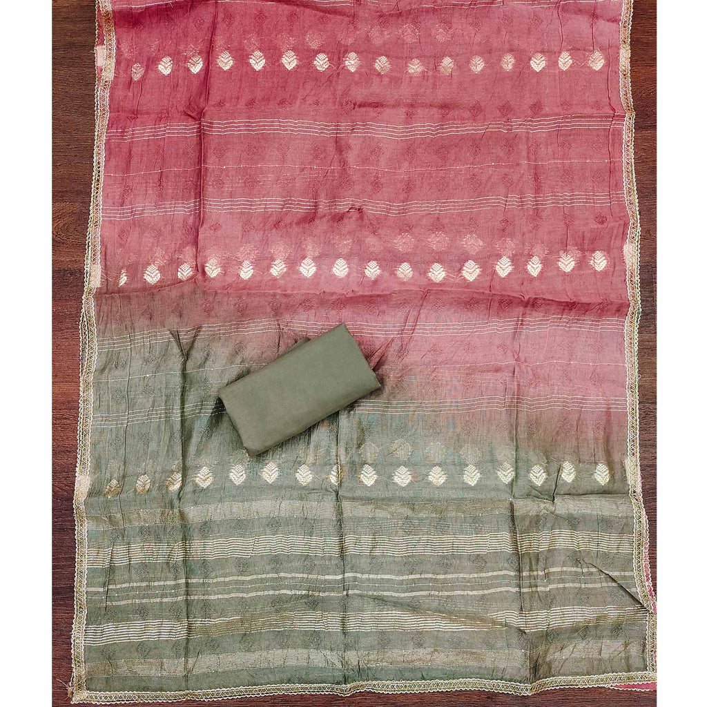 Dark Sage Green Suit Material in Cotton Blend with Beautifully Embroidered Floral Patterns