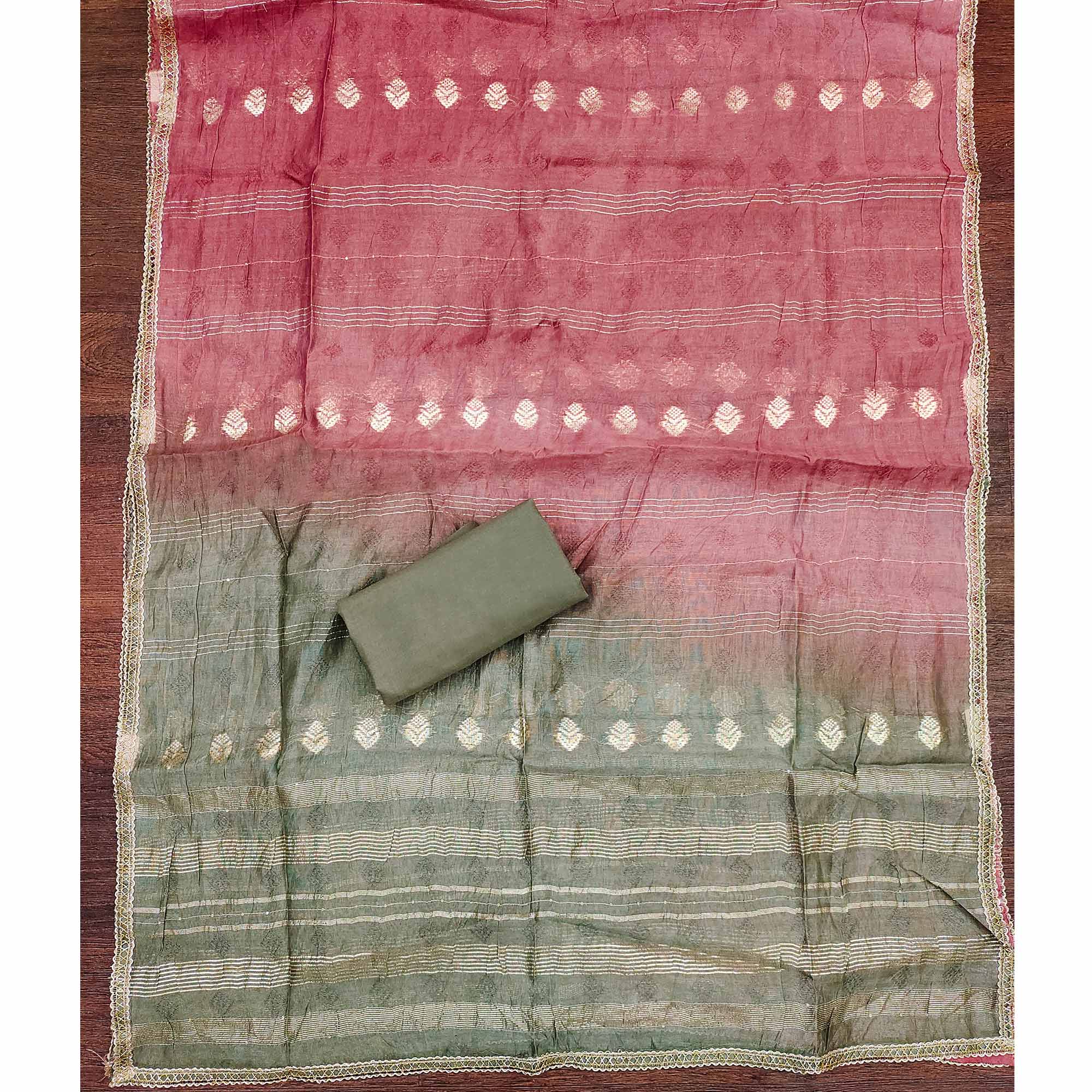 Dark Sage Green Suit Material in Cotton Blend with Beautifully Embroidered Floral Patterns