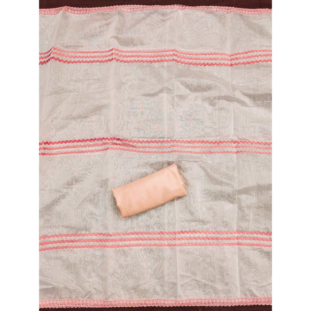 Light Orange Chanderi Silk Suit Fabric with Embroidered Highlights and Artistic Geometric Prints