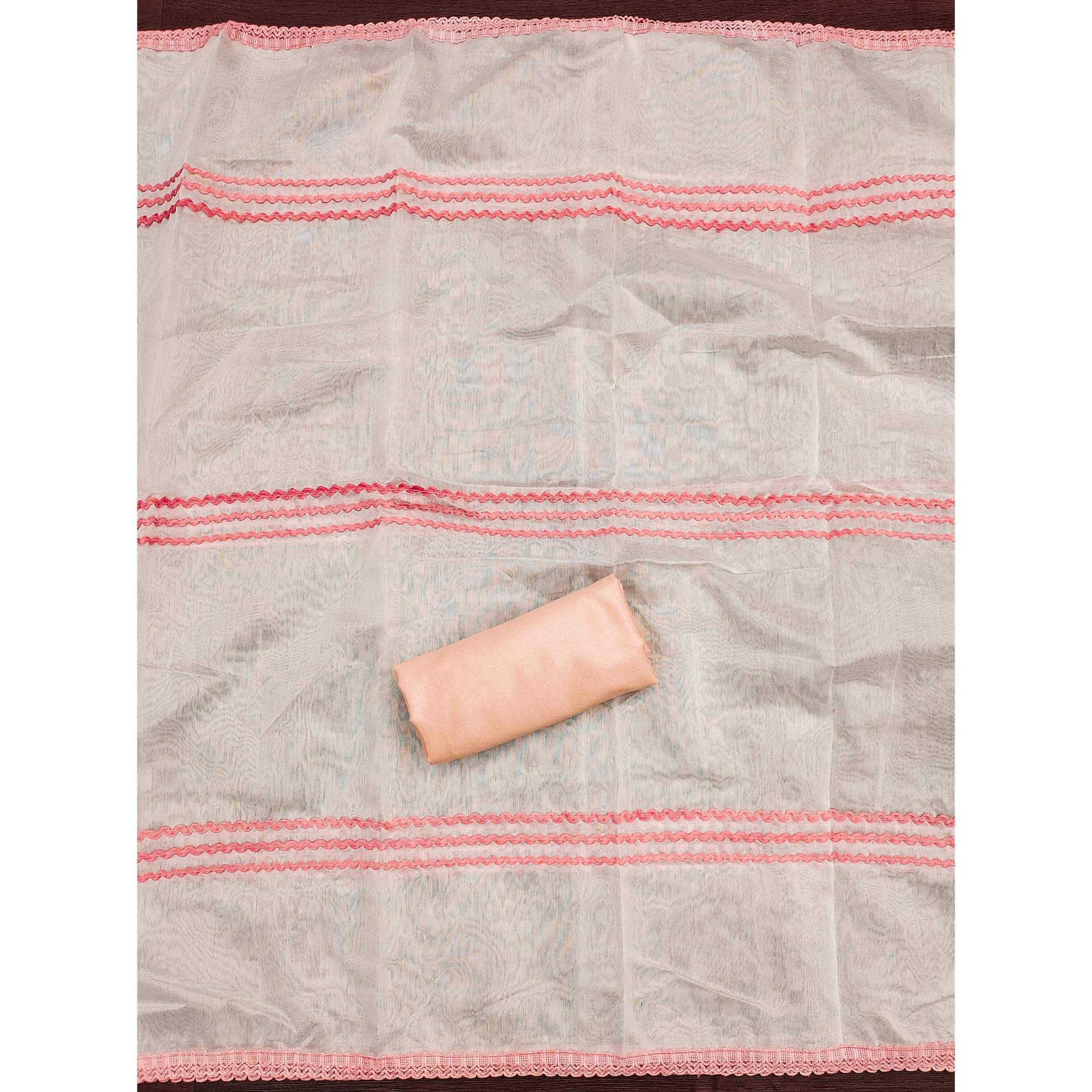 Light Orange Chanderi Silk Suit Fabric with Embroidered Highlights and Artistic Geometric Prints