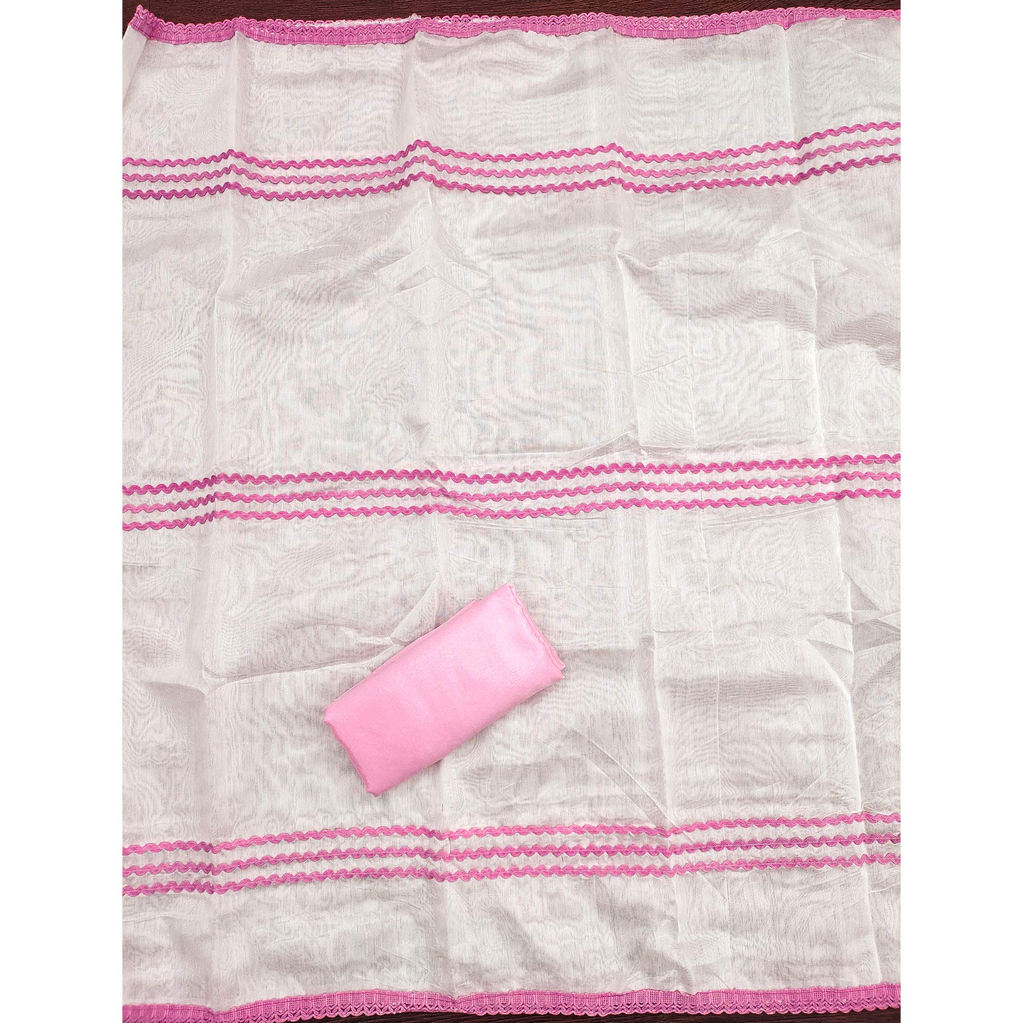 Pink Chanderi Silk Suit Fabric with Embroidered Highlights and Artistic Geometric Prints