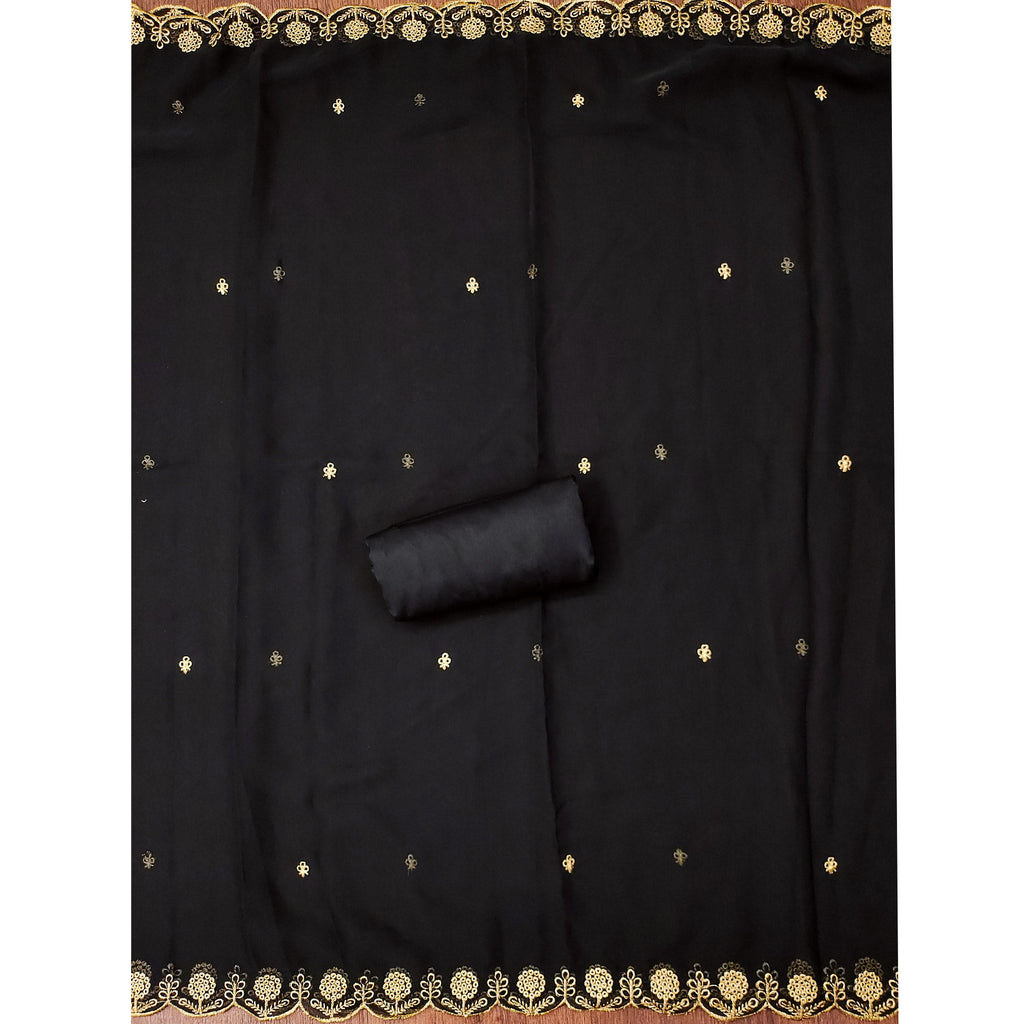 Black Georgette Dress Material With Intricate Thread And Stone Work Embroidery