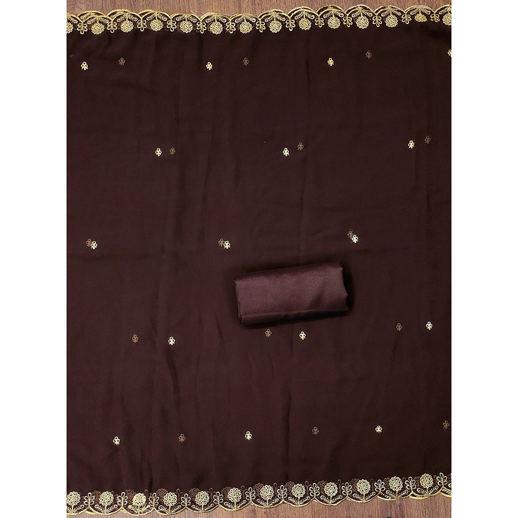 Dark Brown Georgette Dress Material With Intricate Thread And Stone Work Embroidery
