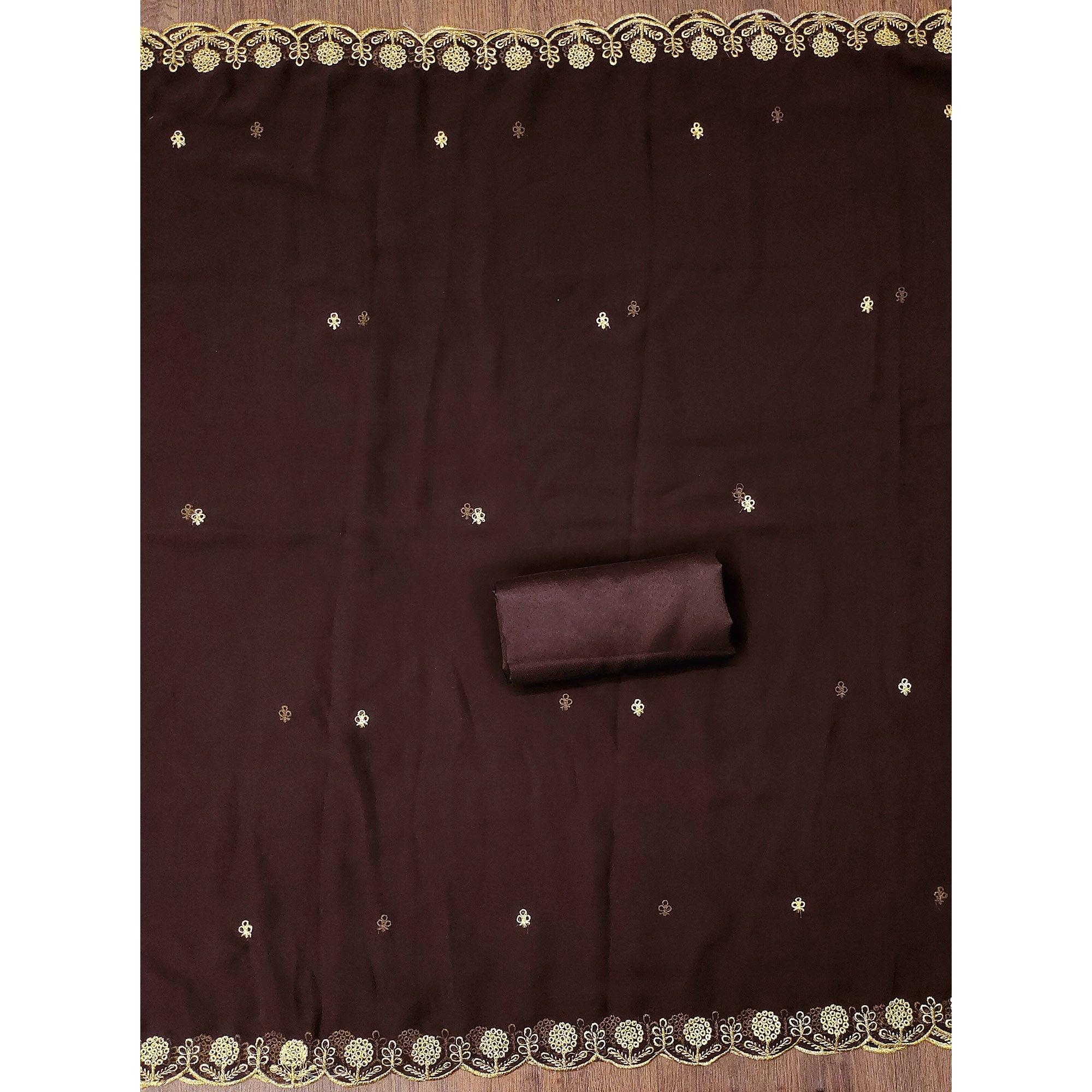 Dark Brown Georgette Dress Material With Intricate Thread And Stone Work Embroidery