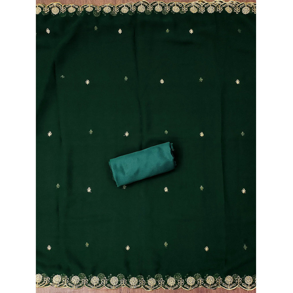 Green Georgette Dress Material With Intricate Thread And Stone Work Embroidery