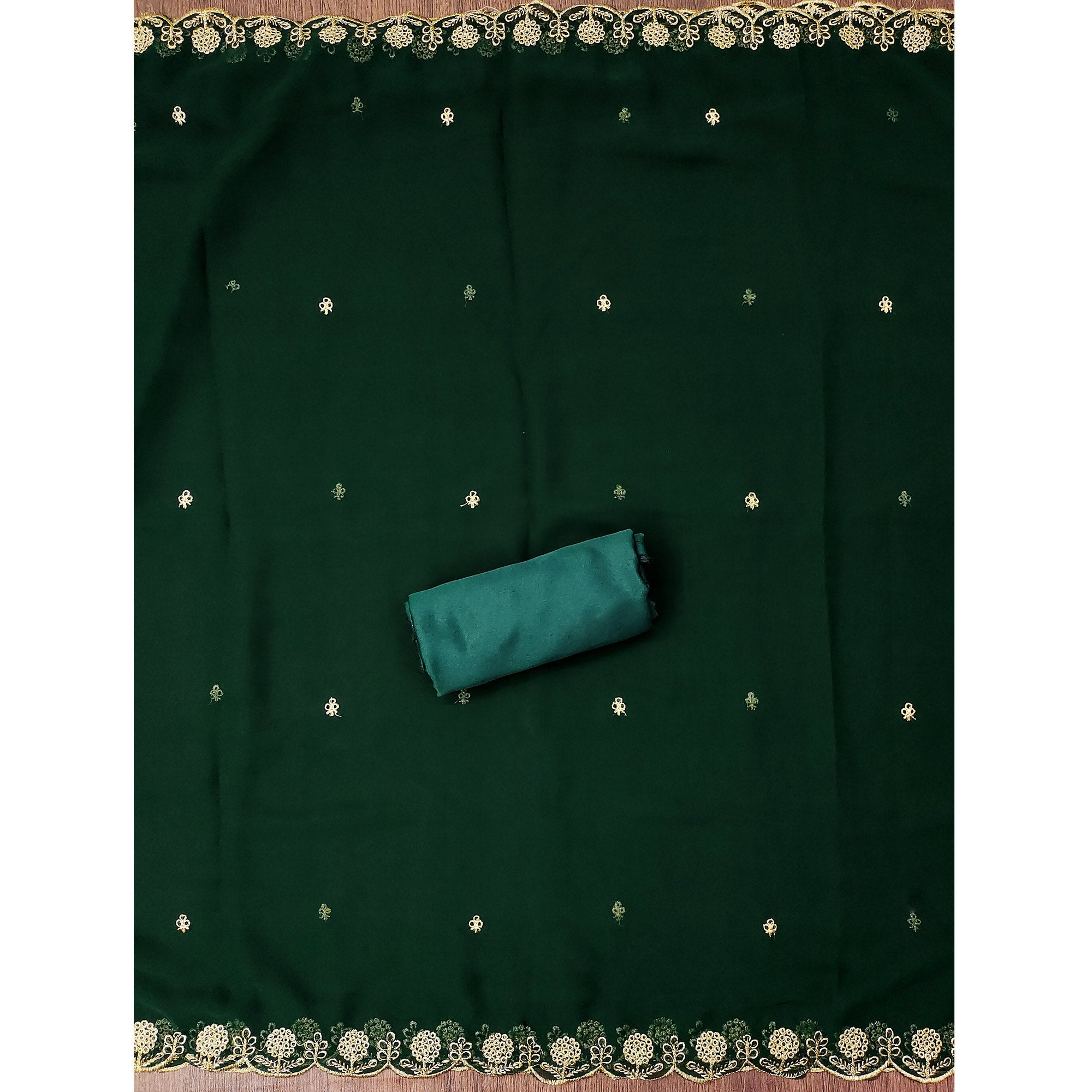 Green Georgette Dress Material With Intricate Thread And Stone Work Embroidery