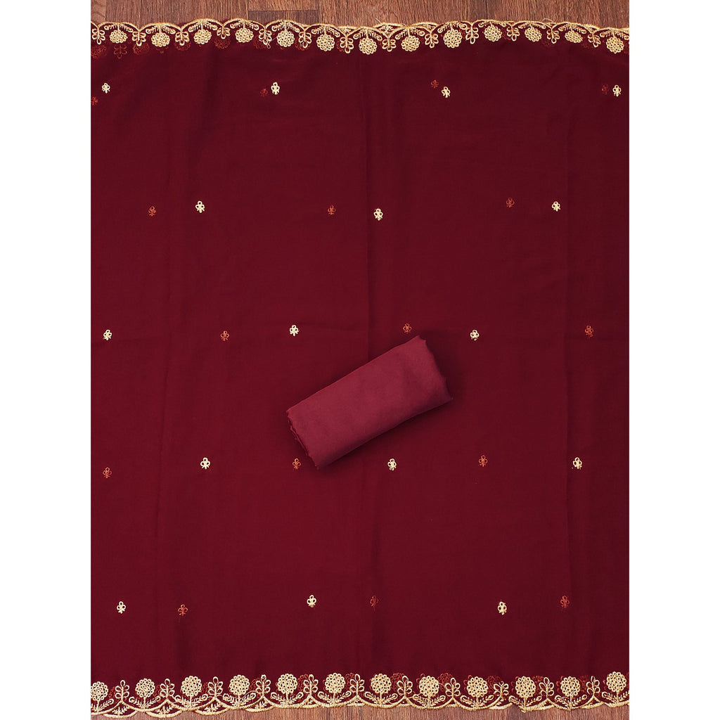Maroon Georgette Dress Material With Intricate Thread And Stone Work Embroidery