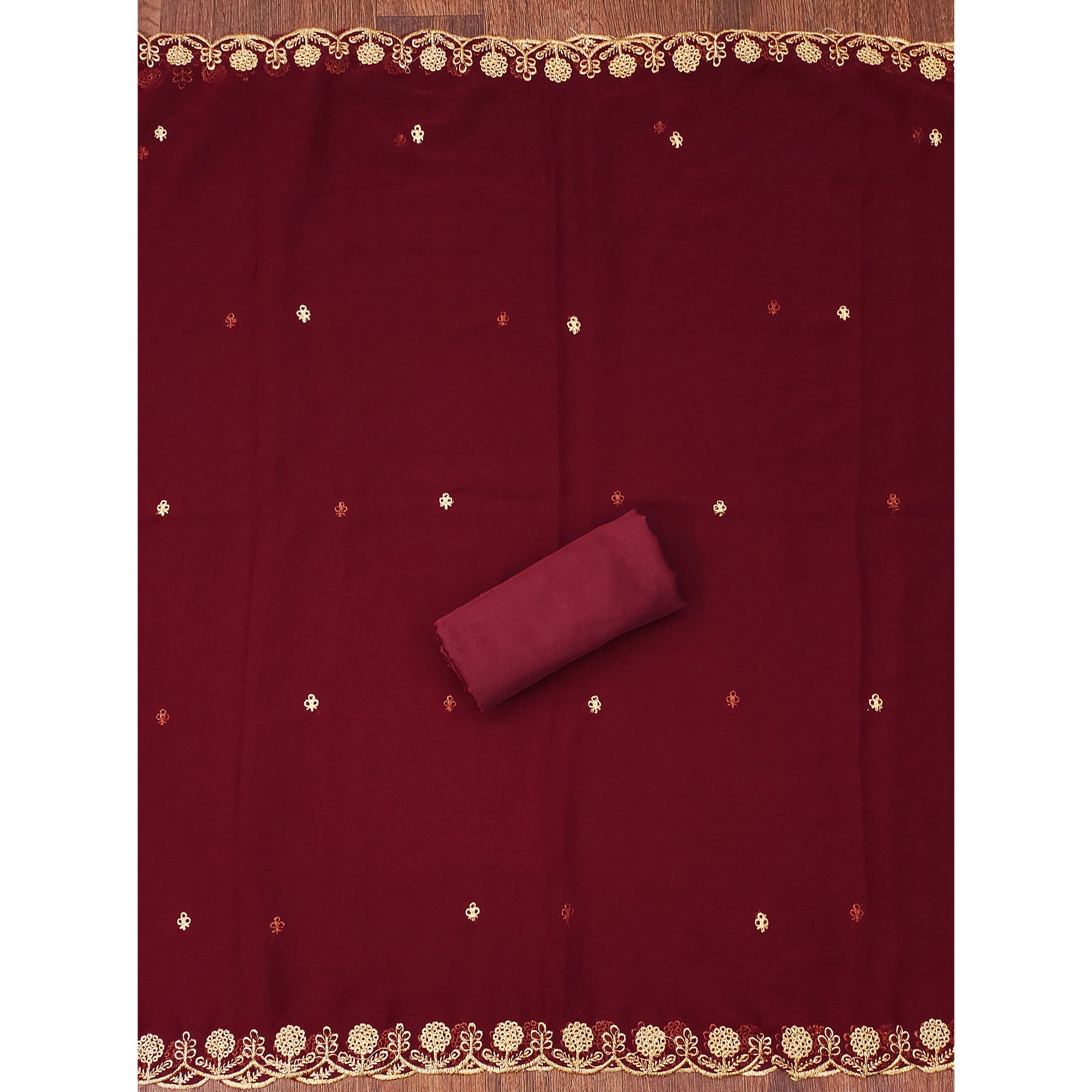 Maroon Georgette Dress Material With Intricate Thread And Stone Work Embroidery