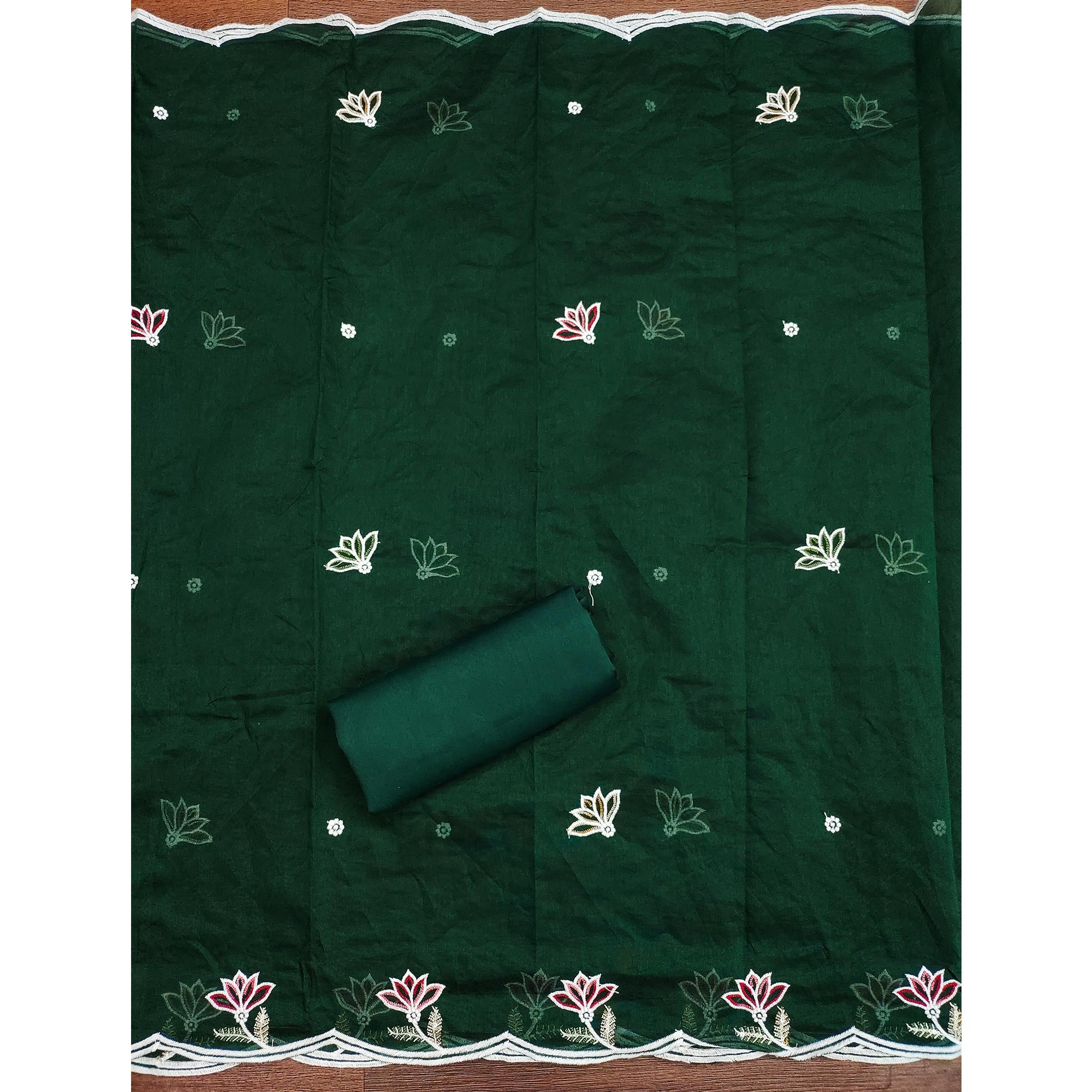 Elegant Green Chanderi Cotton Dress Material With Floral Thread Embroidery & Sequins Work