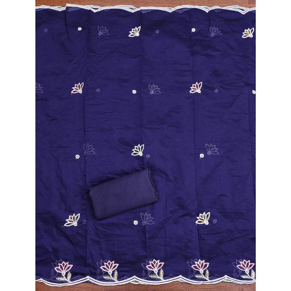 Graceful Navy Blue Chanderi Cotton Dress Material With Floral Thread Embroidery & Sequins Work