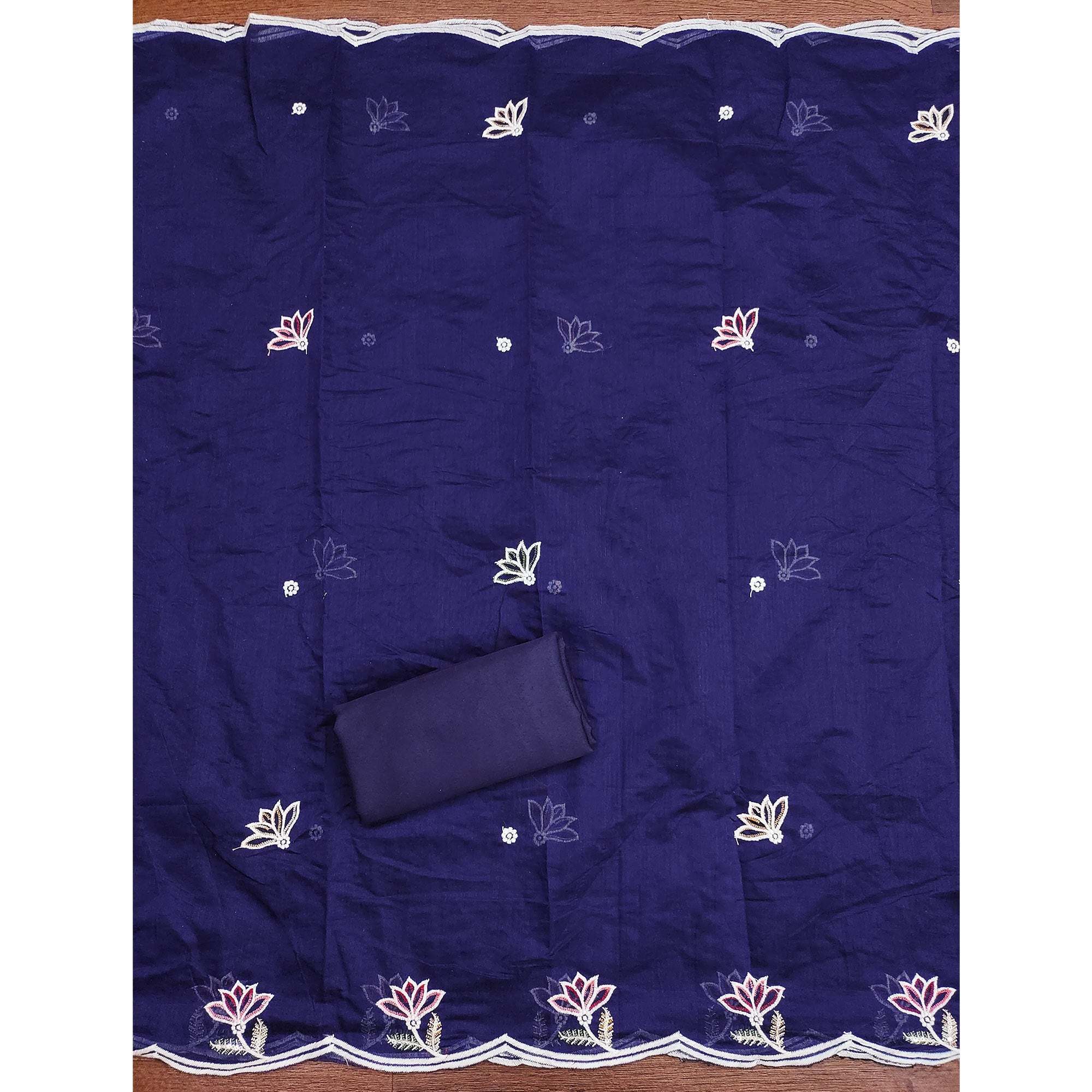 Graceful Navy Blue Chanderi Cotton Dress Material With Floral Thread Embroidery & Sequins Work