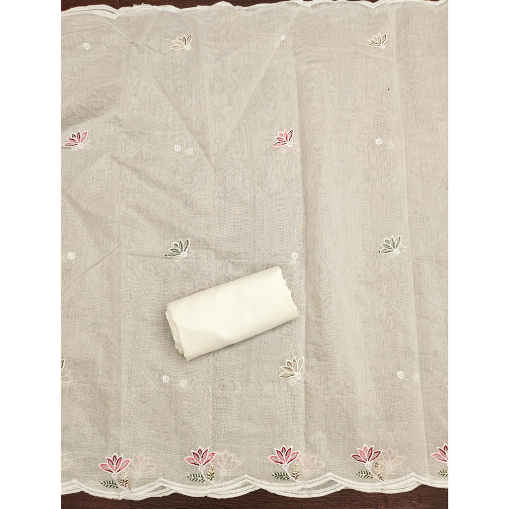 Elegant Off-White Chanderi Cotton Dress Material With Floral Thread Embroidery & Sequins Work