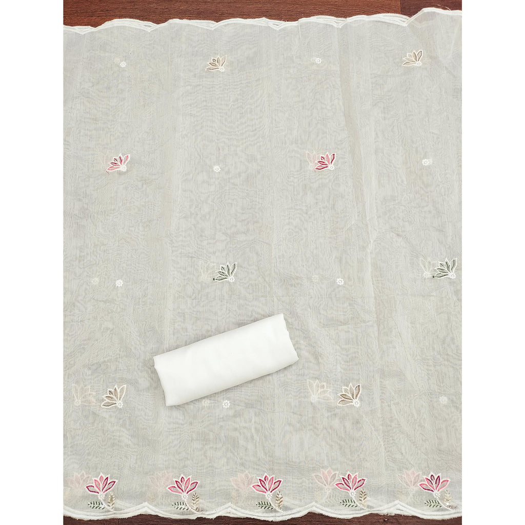 Ethereal White Chanderi Cotton Dress Material With Floral Thread Embroidery & Sequins Work