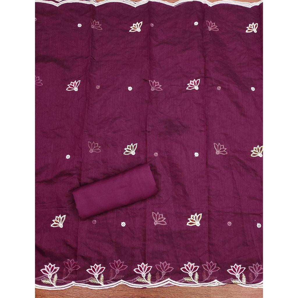 Luxurious Wine Chanderi Cotton Dress Material With Floral Thread Embroidery & Sequins Work
