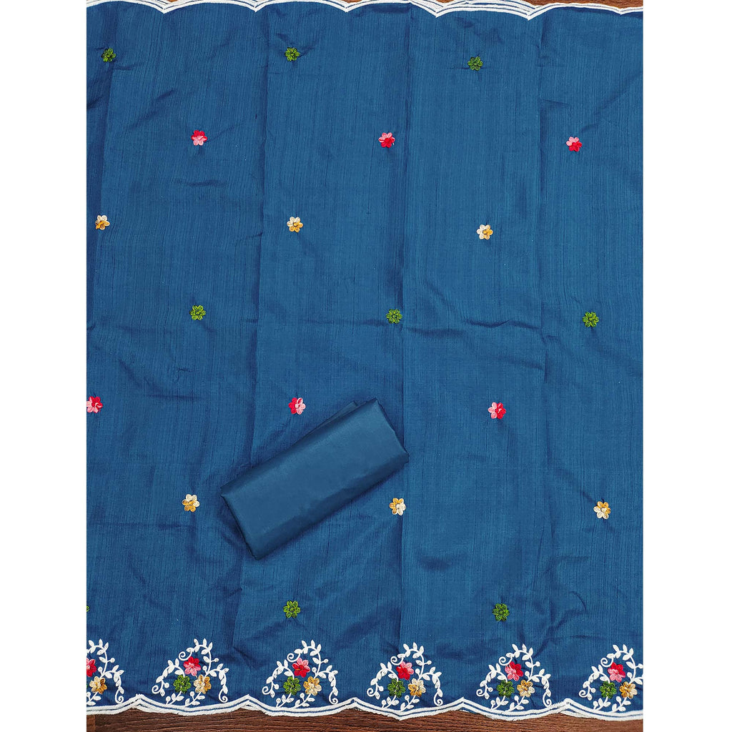 Elegant Blue Floral Sequin Embroidered Cotton Blend Dress Material