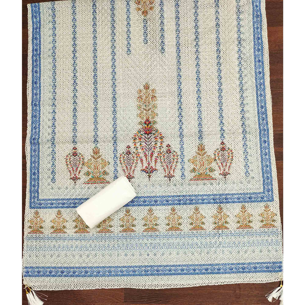Off-White and Blue Unstitched Suit Material with Classic Schiffli Detailing