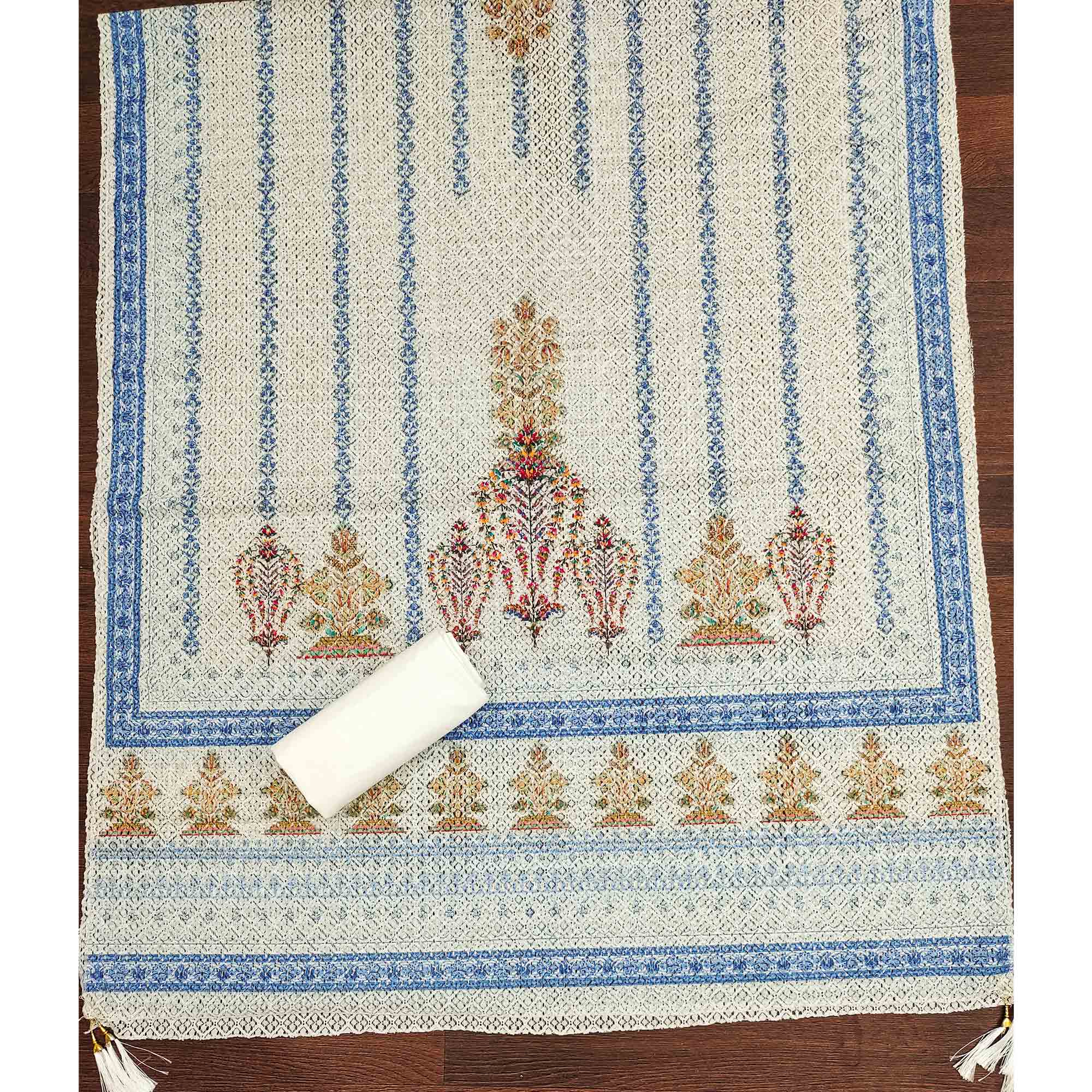 Off-White and Blue Unstitched Suit Material with Classic Schiffli Detailing