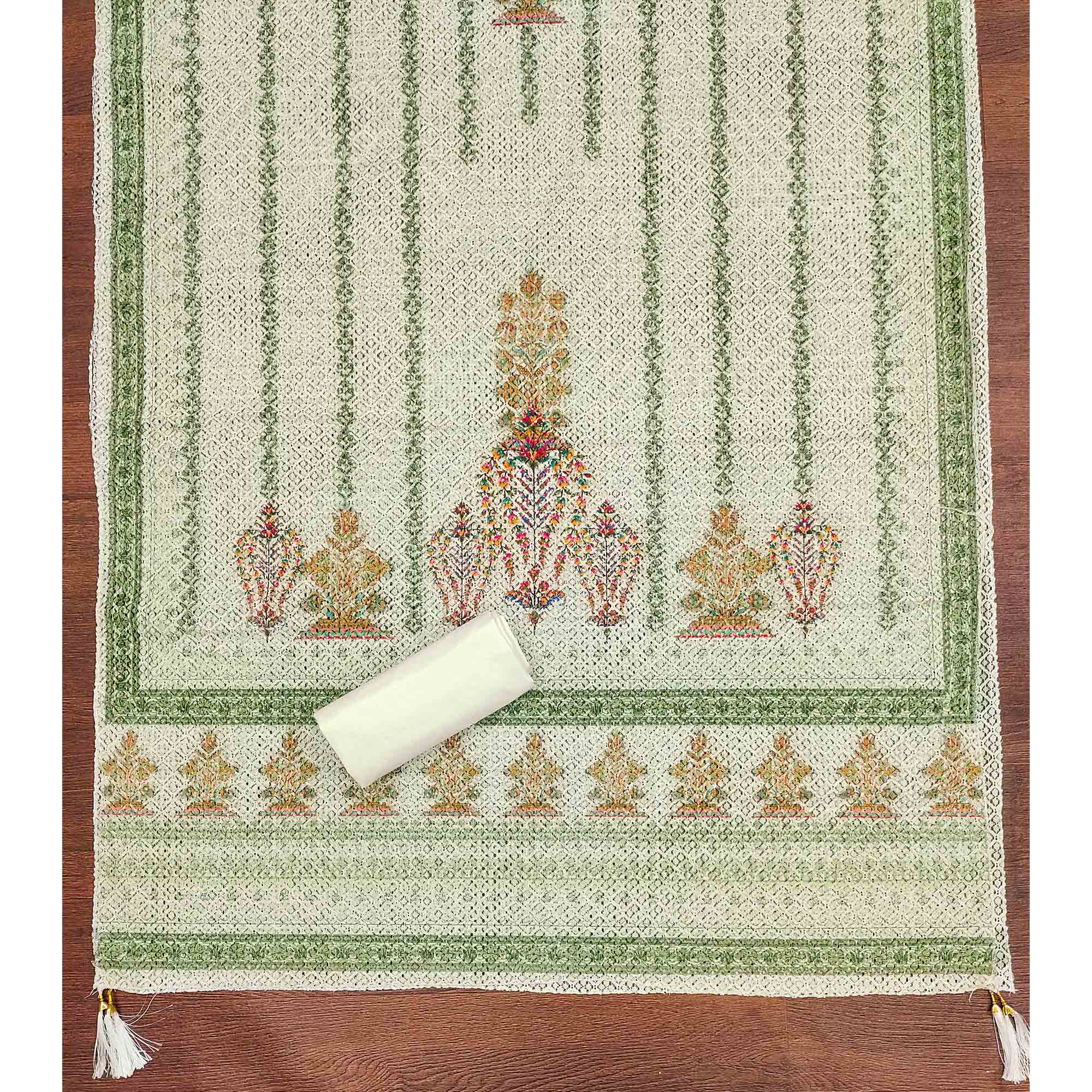 Off-White and Green Unstitched Suit Material with Classic Schiffli Detailing