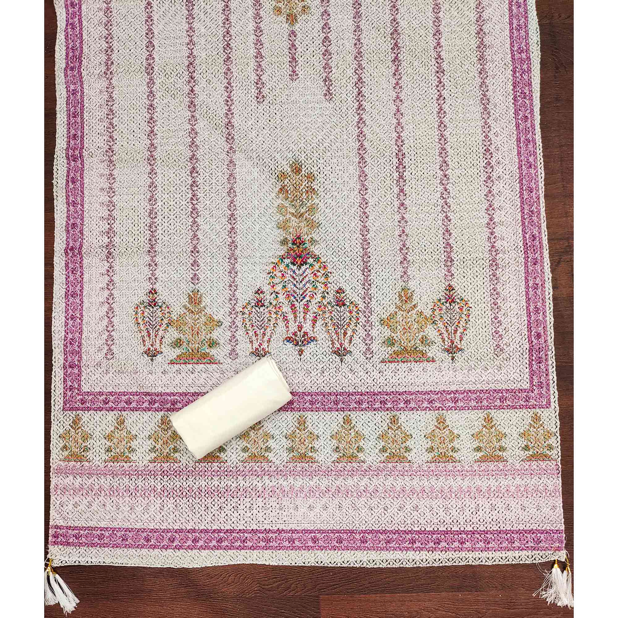 Off-White and Pink Unstitched Suit Material with Classic Schiffli Detailing