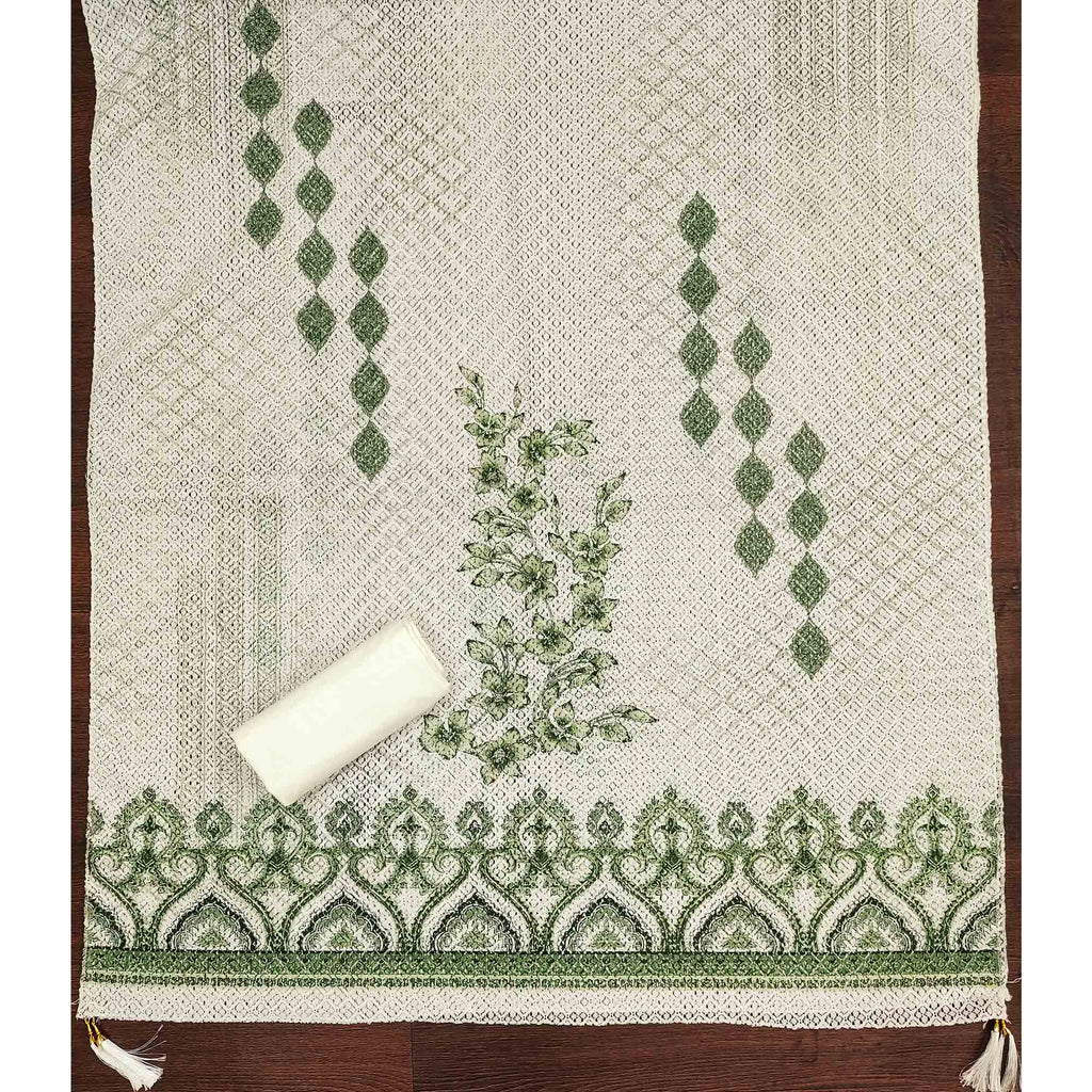 Off-White and Green Unstitched Suit Material with Classic Schiffli Detailing