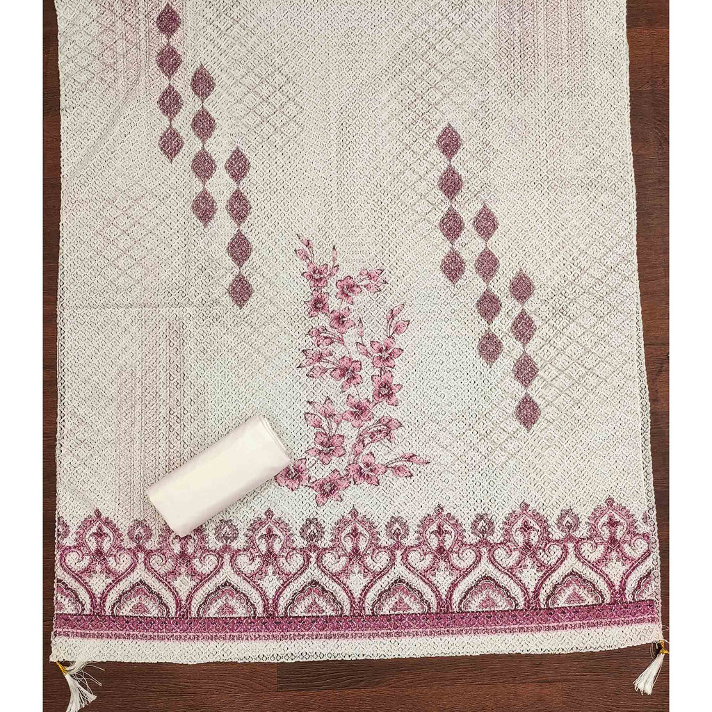 Off-White and Pink Unstitched Suit Material with Classic Schiffli Detailing