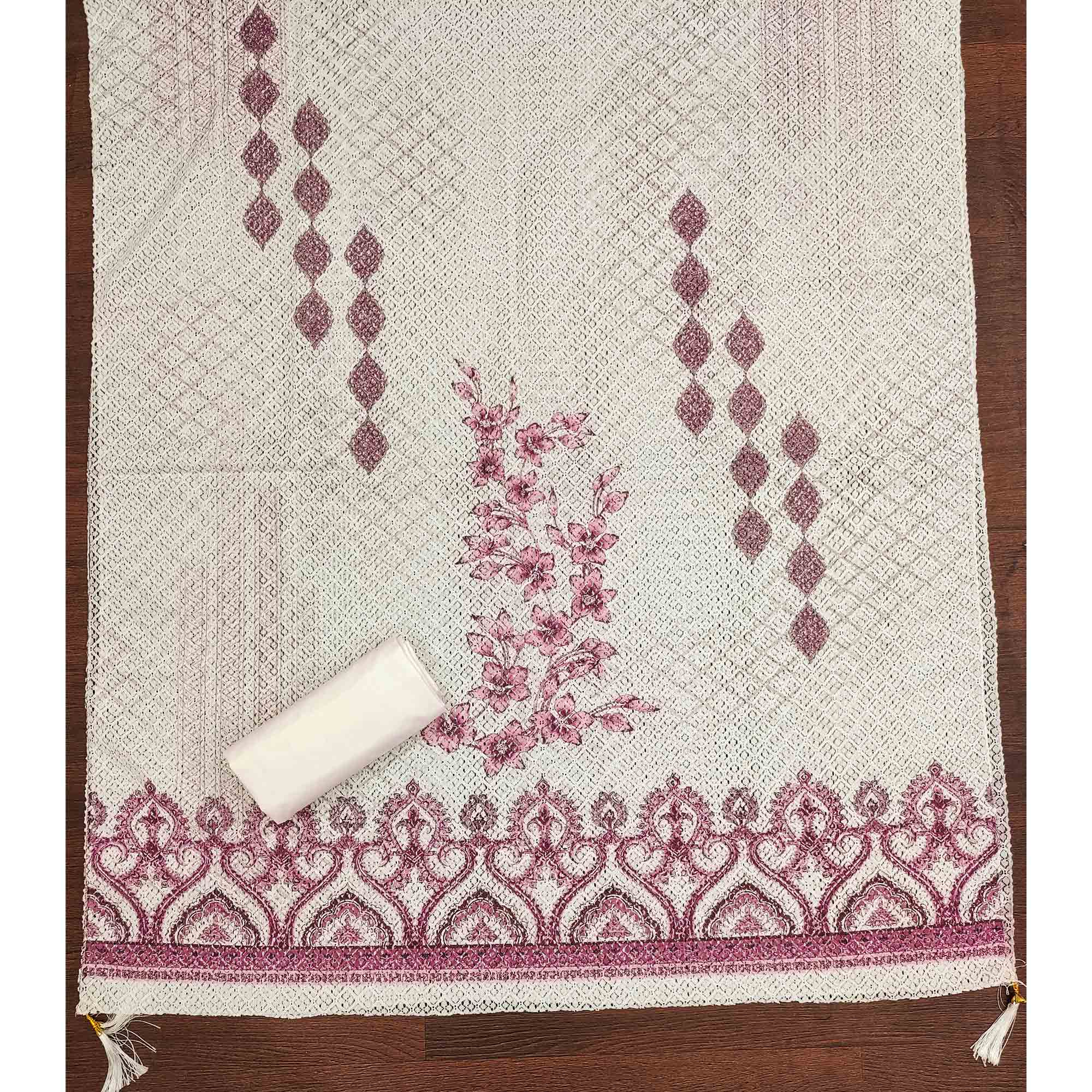 Off-White and Pink Unstitched Suit Material with Classic Schiffli Detailing