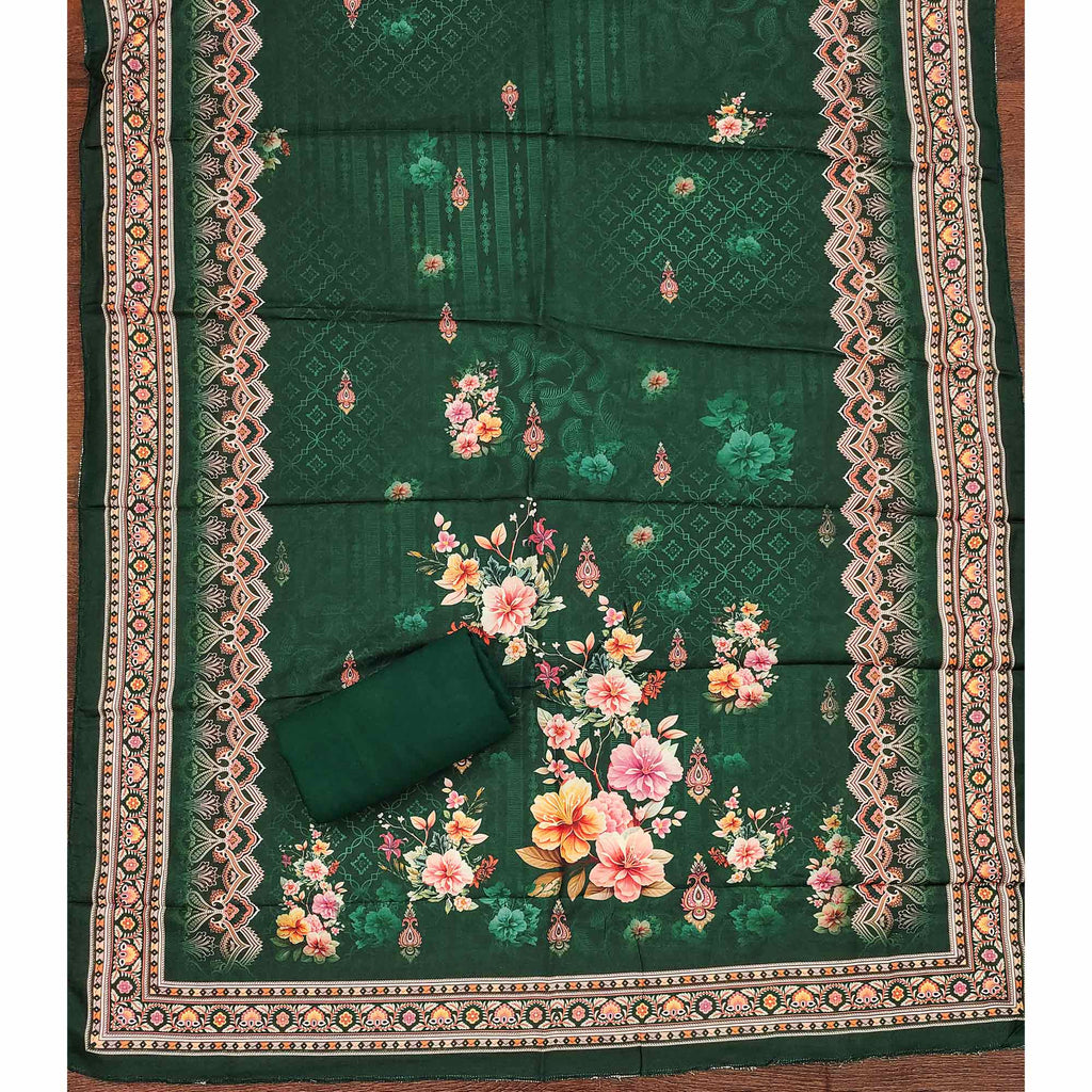 Green Muslin Suit Fabric Featuring Floral Print & Stone Highlights