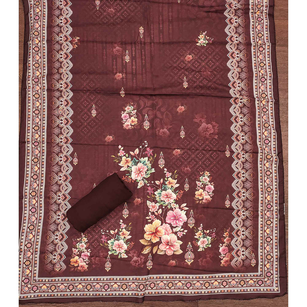 Maroon Muslin Suit Fabric Featuring Floral Print & Stone Highlights