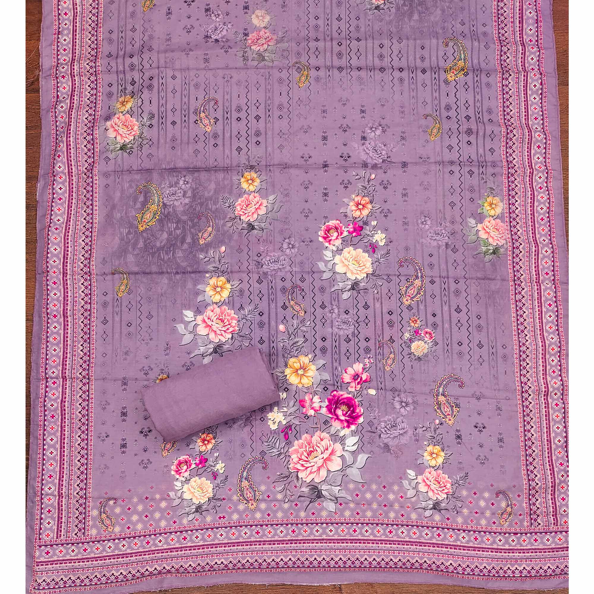 Lavender Dress Material in Muslin with Delicate Mirror Highlights