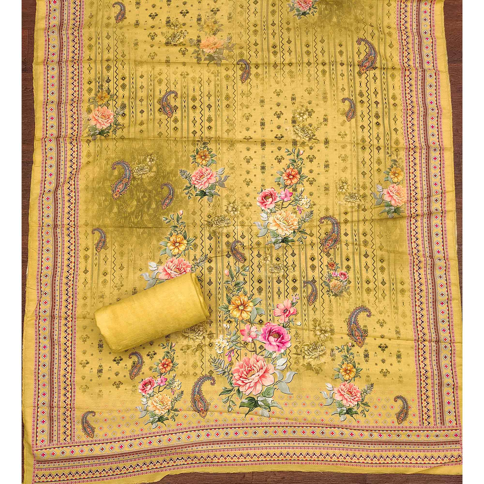 Mustard Dress Material in Muslin with Delicate Mirror Highlights