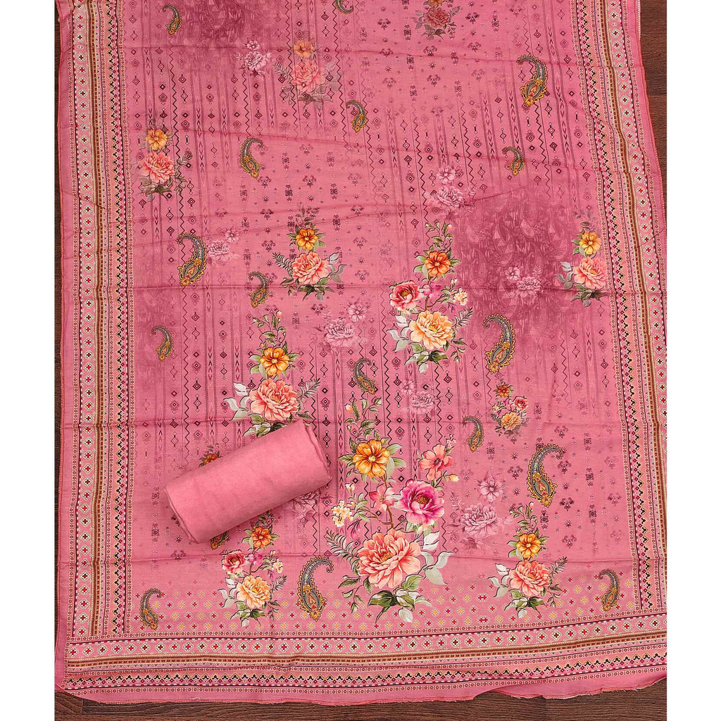 Pink Dress Material in Muslin with Delicate Mirror Highlights