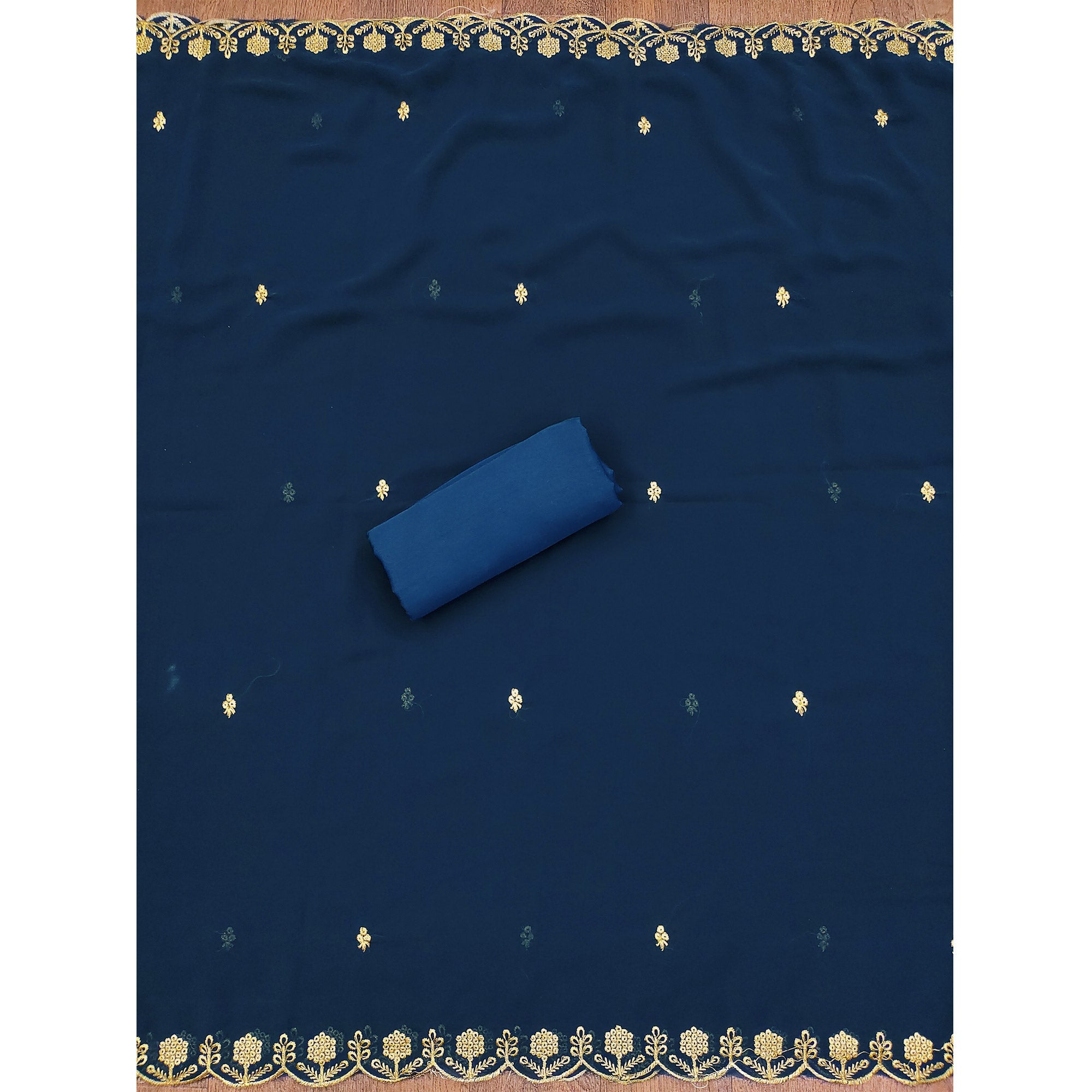 Blue Floral Embroidered Georgette Dress Material