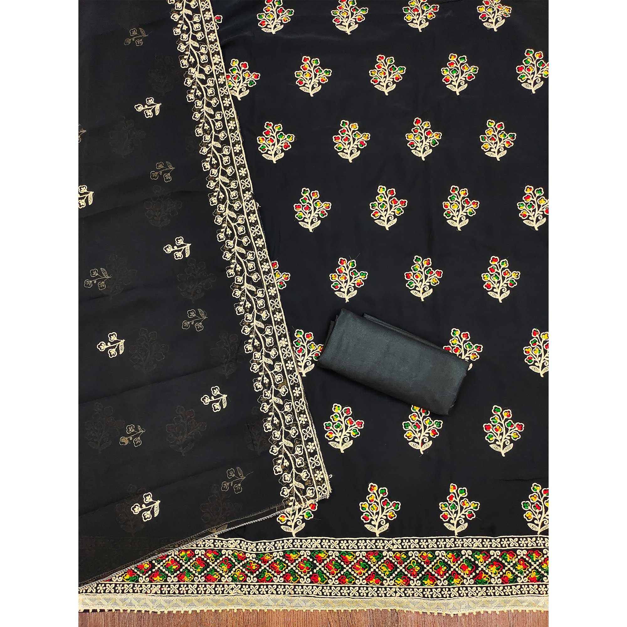 Black Floral Embroidered Georgette Dress Material