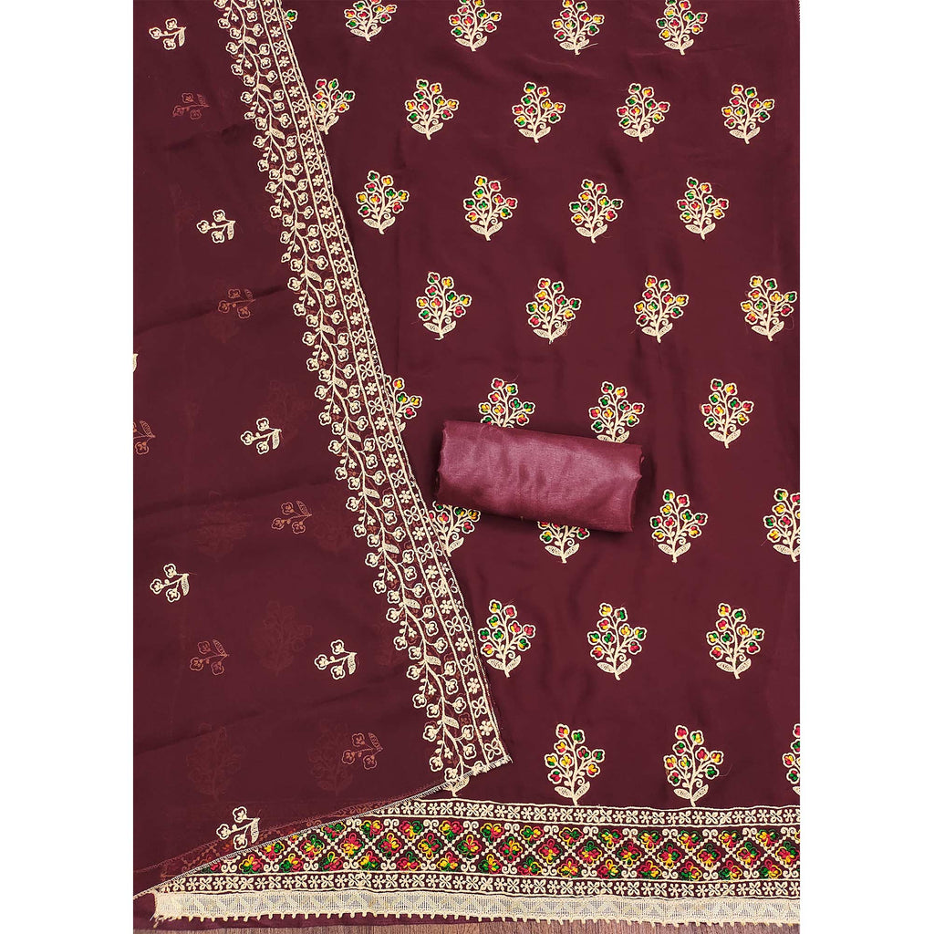 Maroon Floral Embroidered Georgette Dress Material