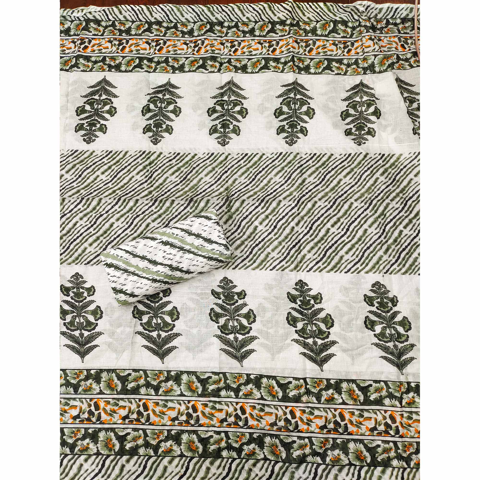 Green Printed With Embroidered Cotton Blend Dress Material