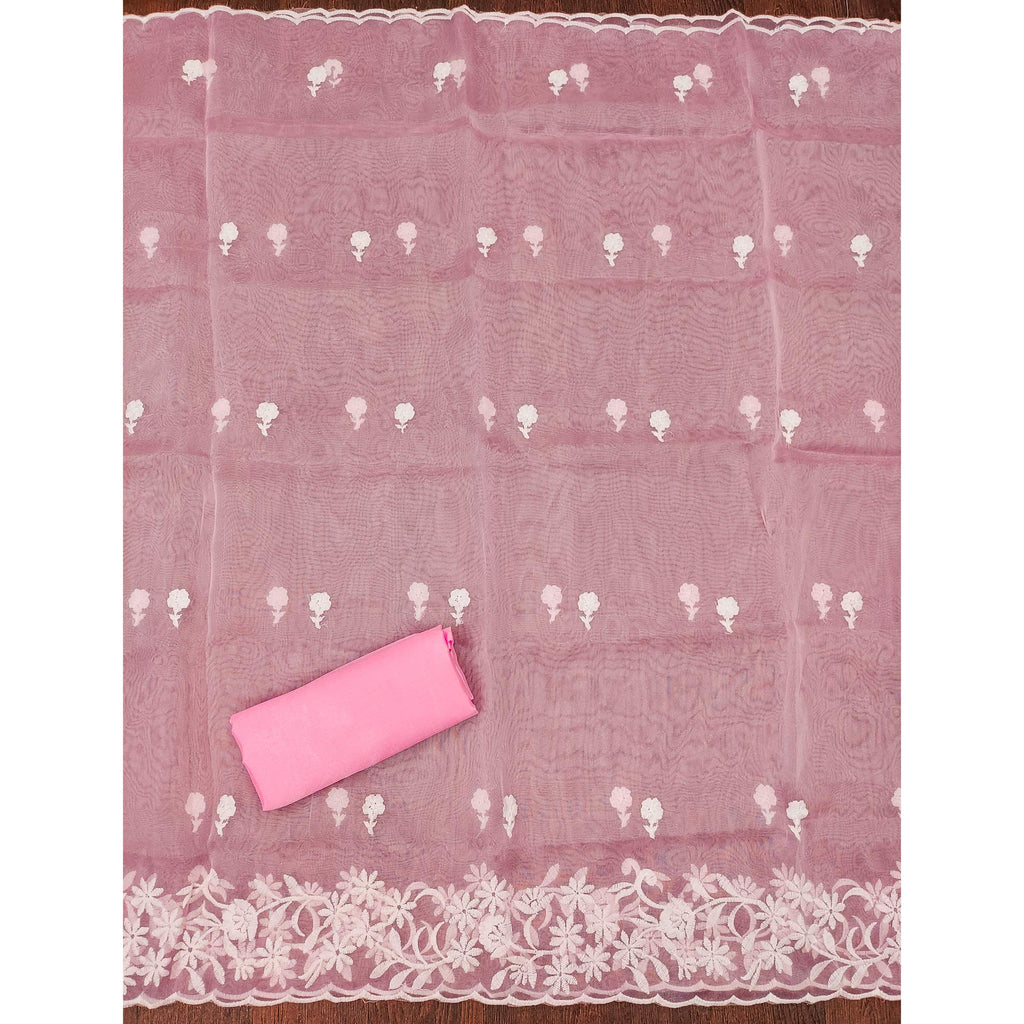 Pink Floral Embroidered Organza Dress Material