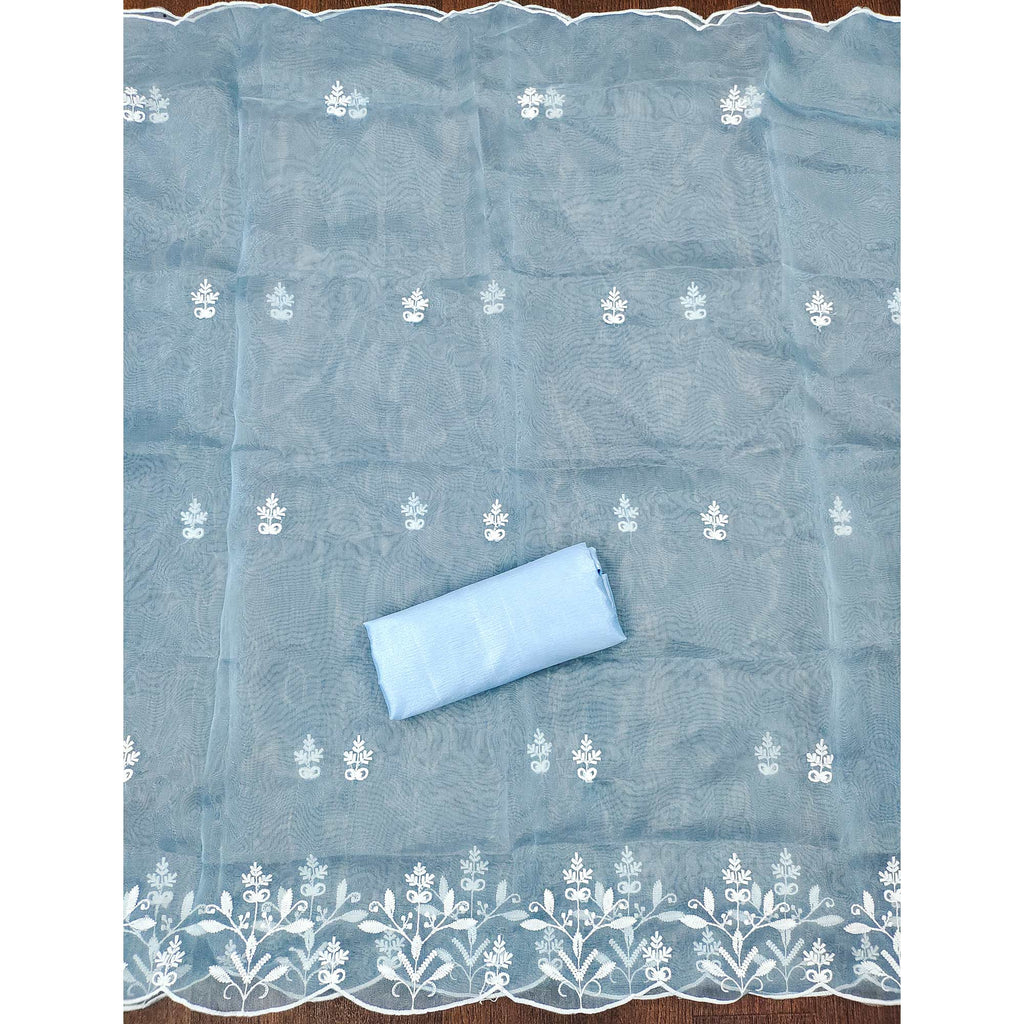 Blue Floral Embroidered Organza Dress Material