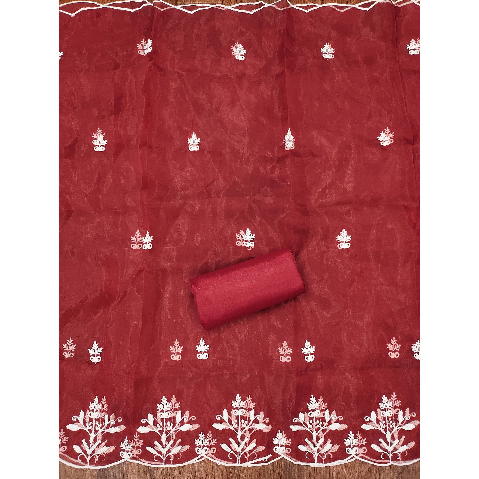 Maroon Floral Embroidered Organza Dress Material